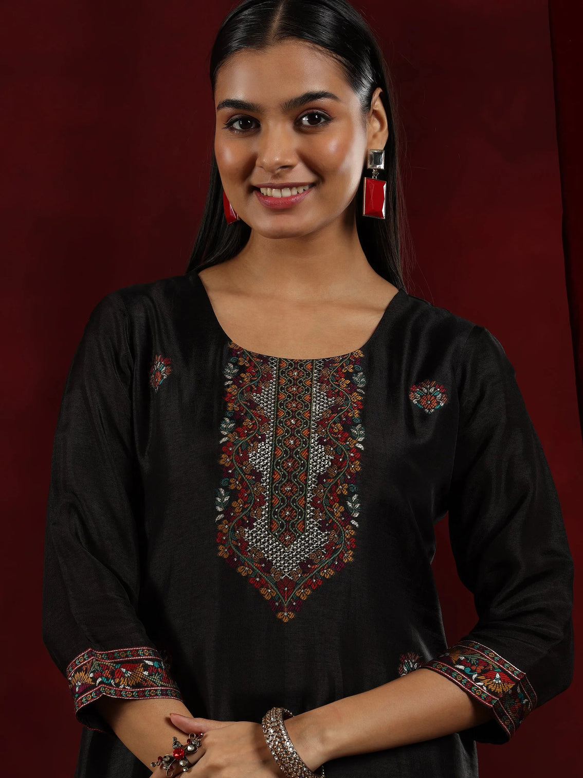 Mameraa Art Black Woven Design Silk Blend Straight Suit With Dupatta