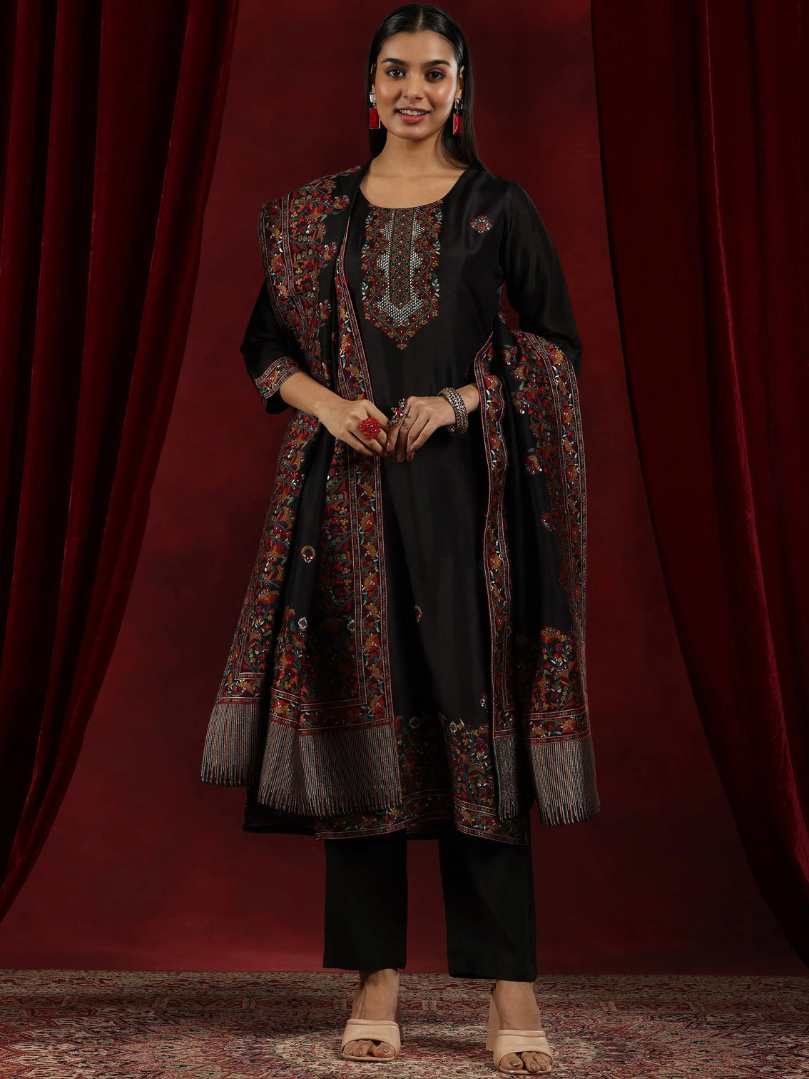 Mameraa Art Black Woven Design Silk Blend Straight Suit With Dupatta