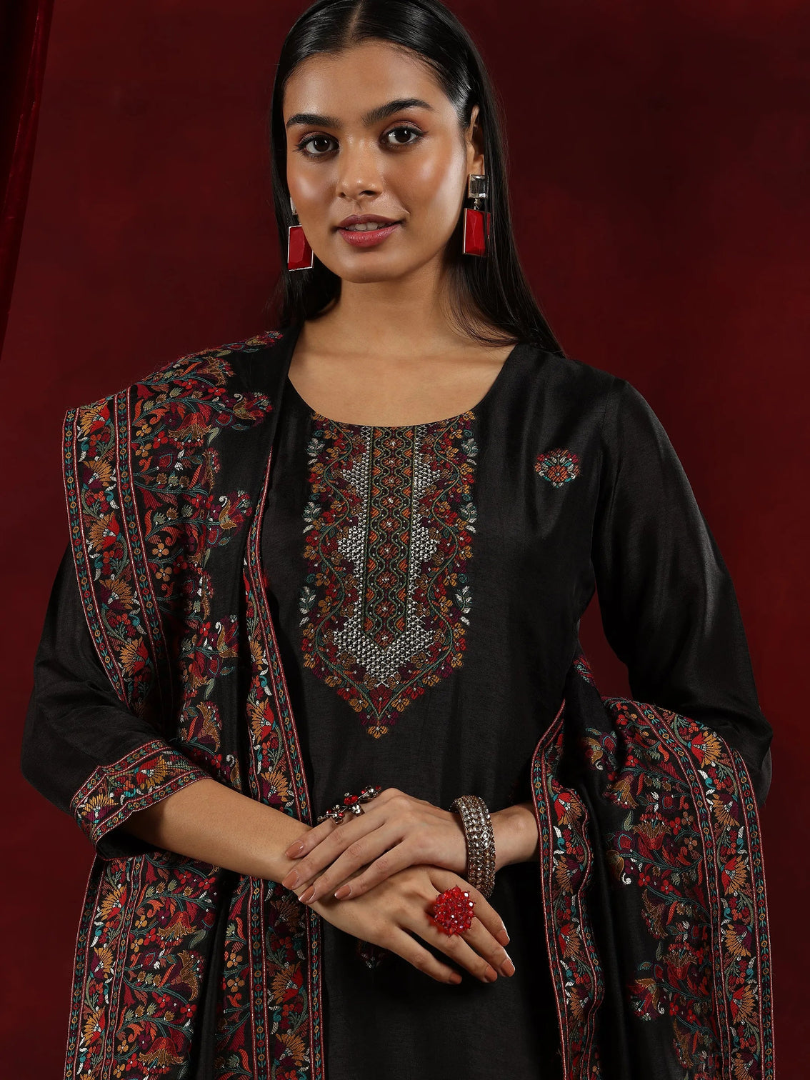 Mameraa Art Black Woven Design Silk Blend Straight Suit With Dupatta