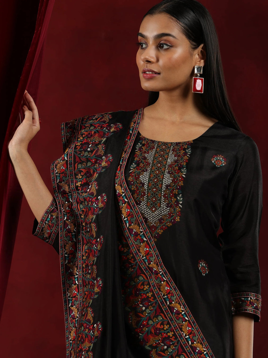 Mameraa Art Black Woven Design Silk Blend Straight Suit With Dupatta
