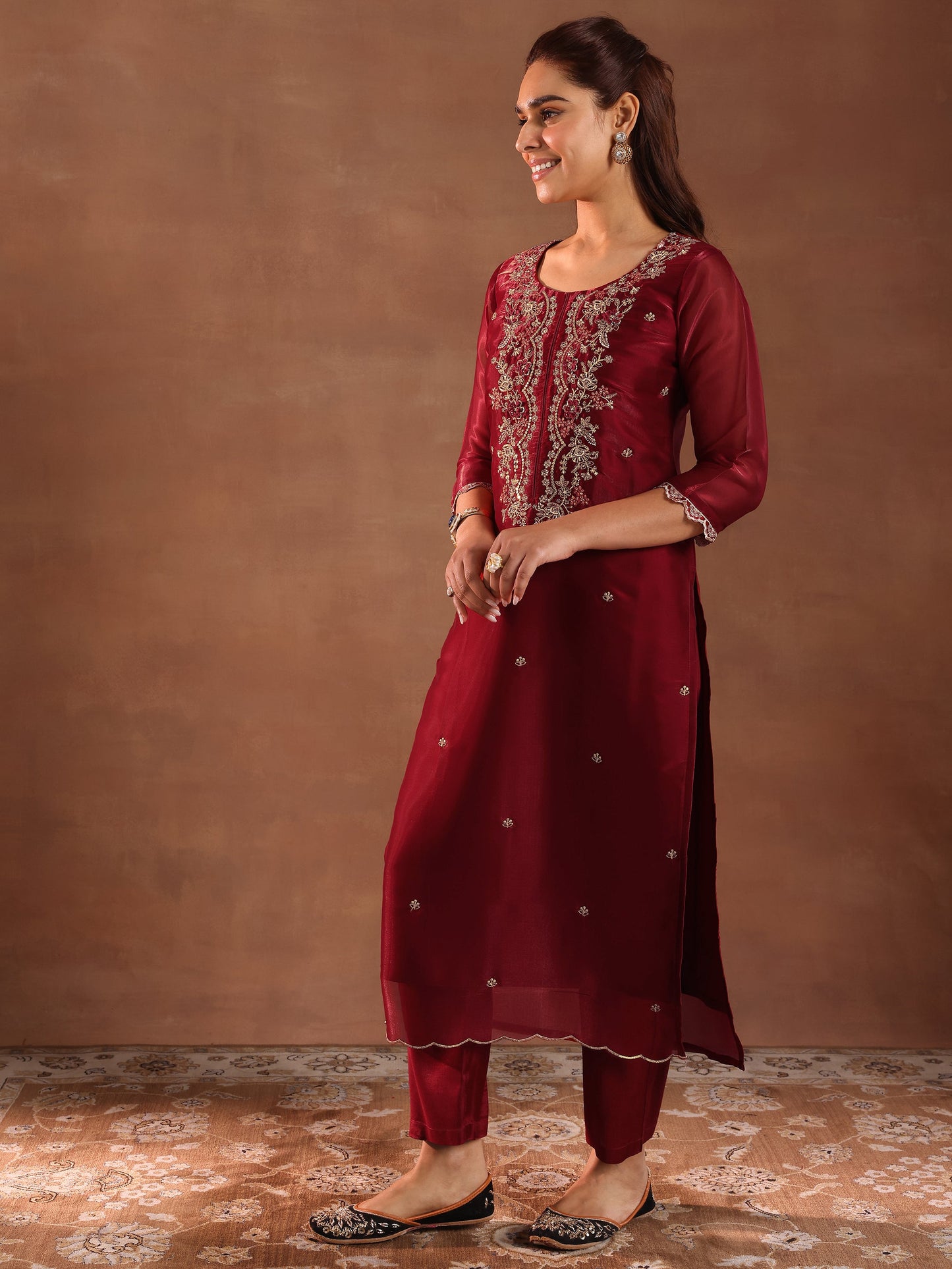 Libas Maroon Yoke Design Tissue Straight Suit With Dupatta