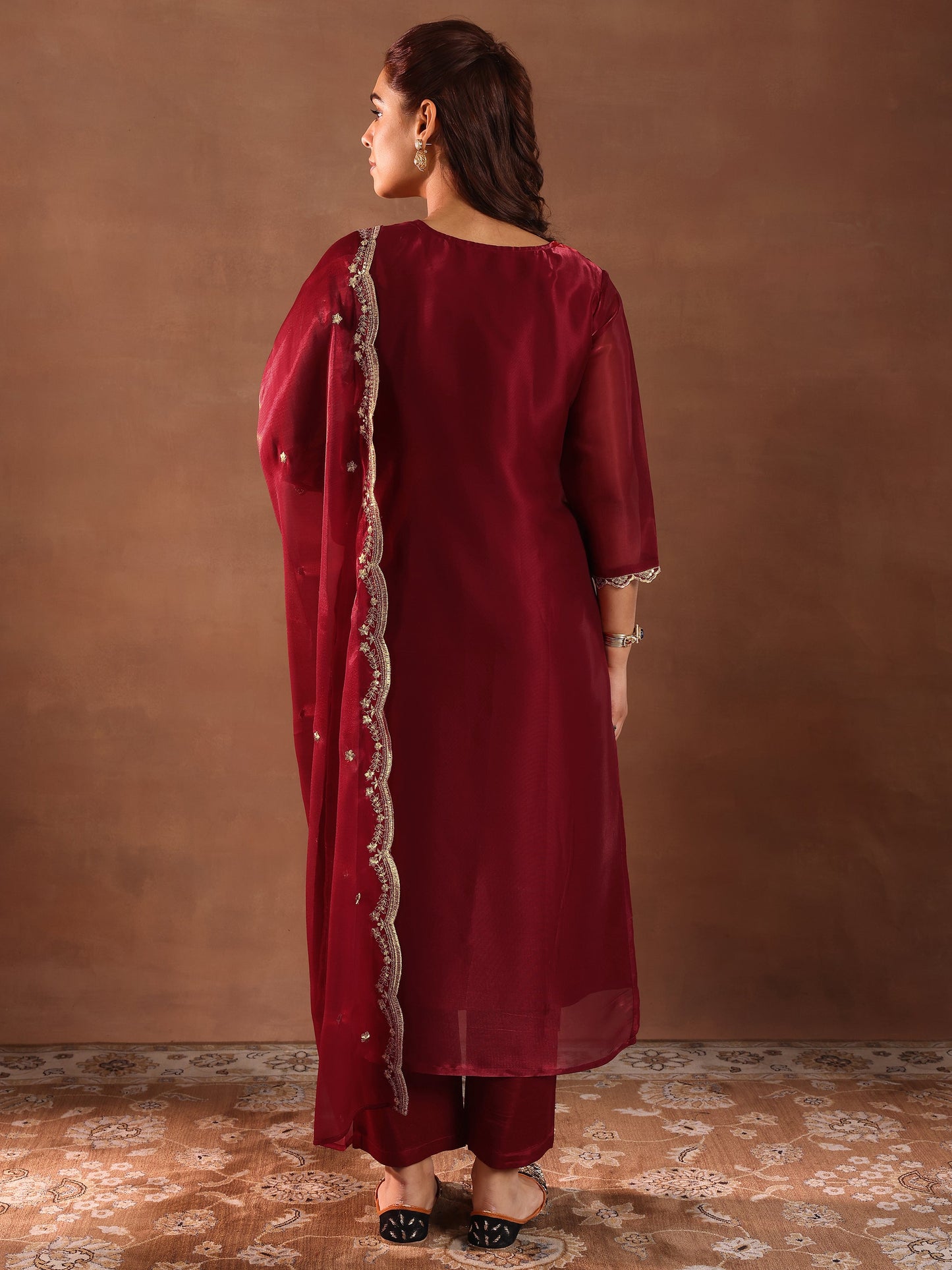 Libas Maroon Yoke Design Tissue Straight Suit With Dupatta