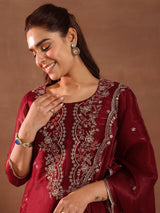Libas Maroon Yoke Design Tissue Straight Suit With Dupatta