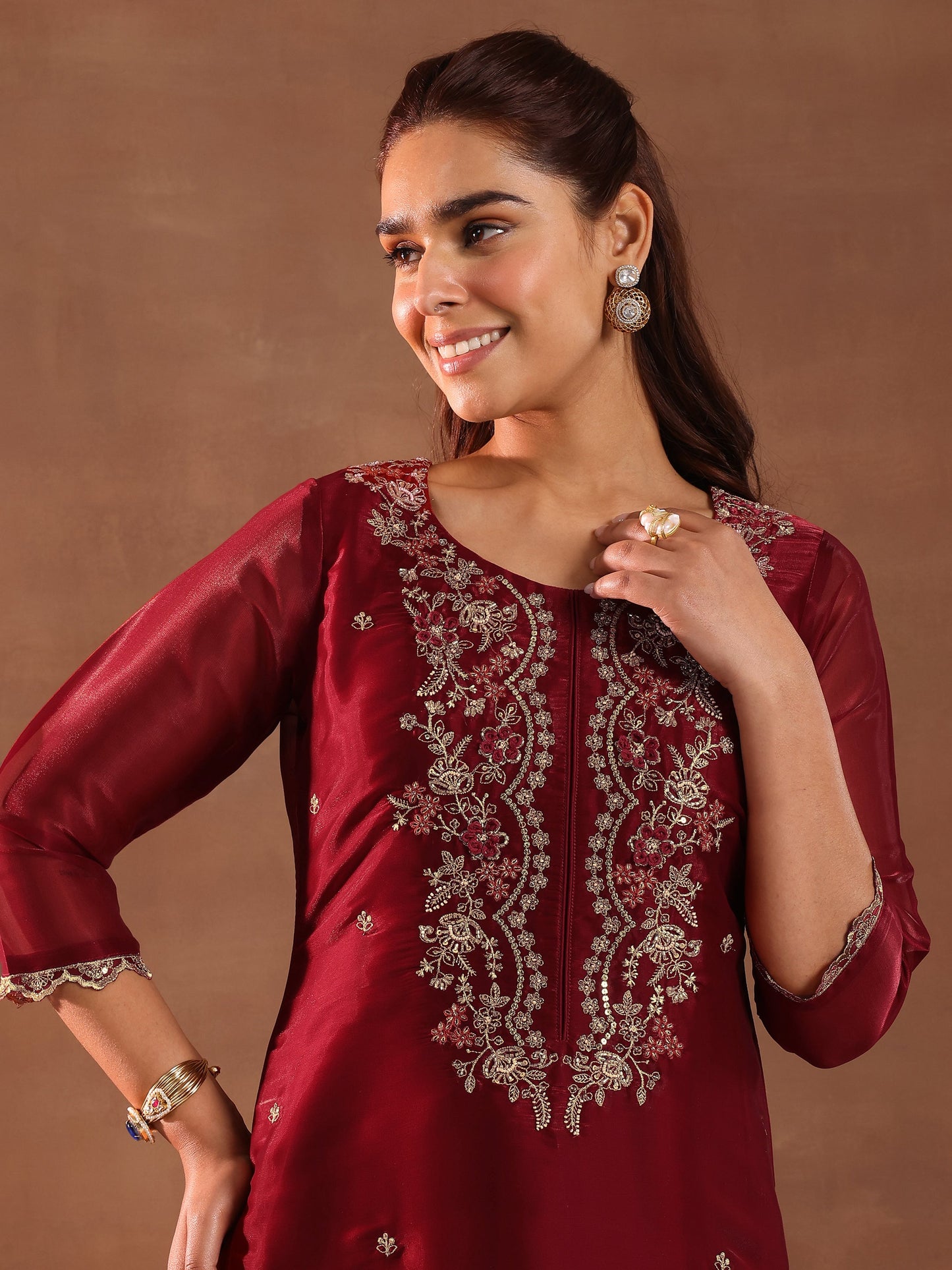 Libas Maroon Yoke Design Tissue Straight Suit With Dupatta