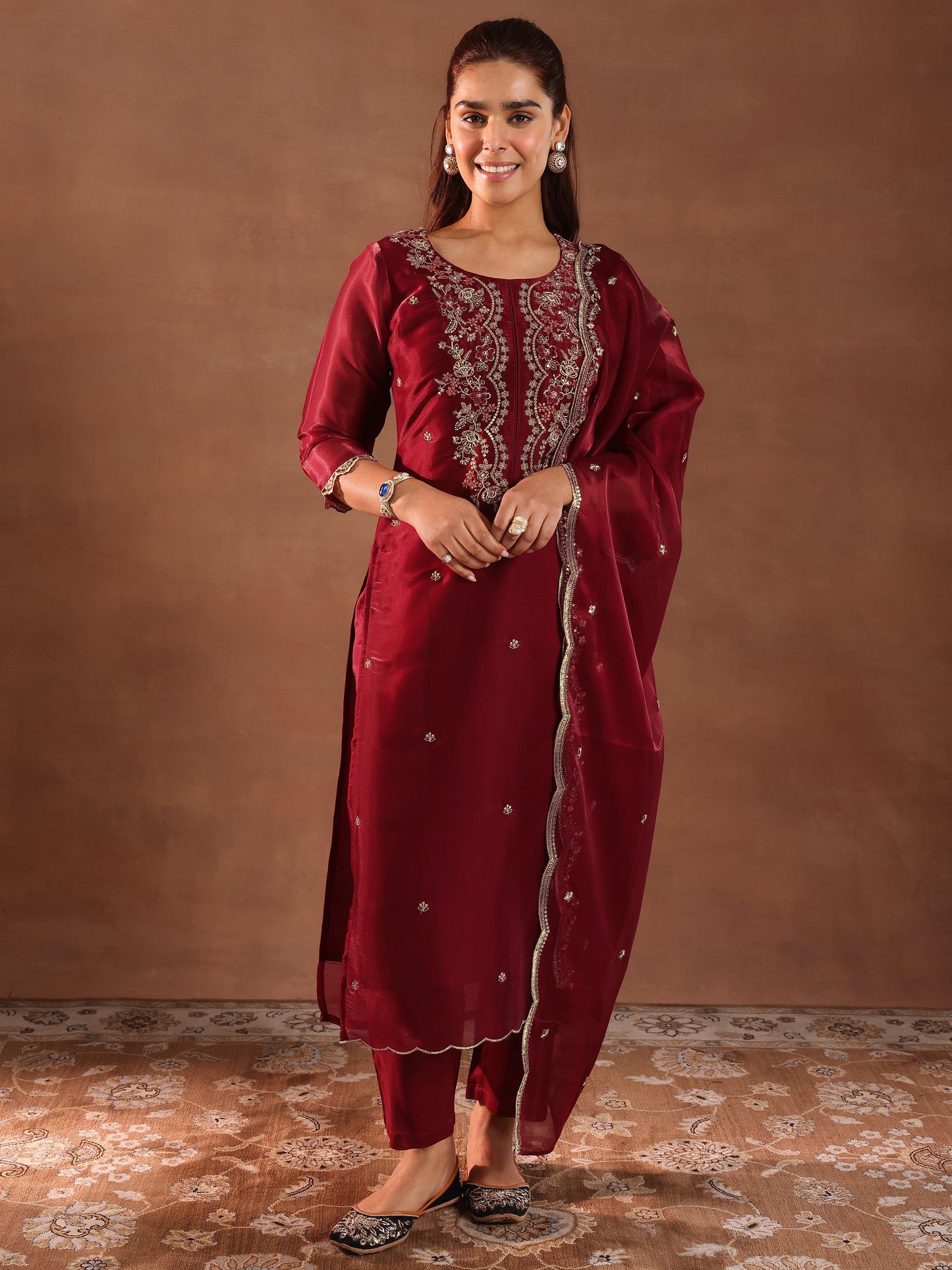 Libas Maroon Yoke Design Tissue Straight Suit With Dupatta