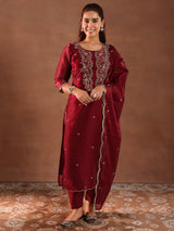 Libas Maroon Yoke Design Tissue Straight Suit With Dupatta