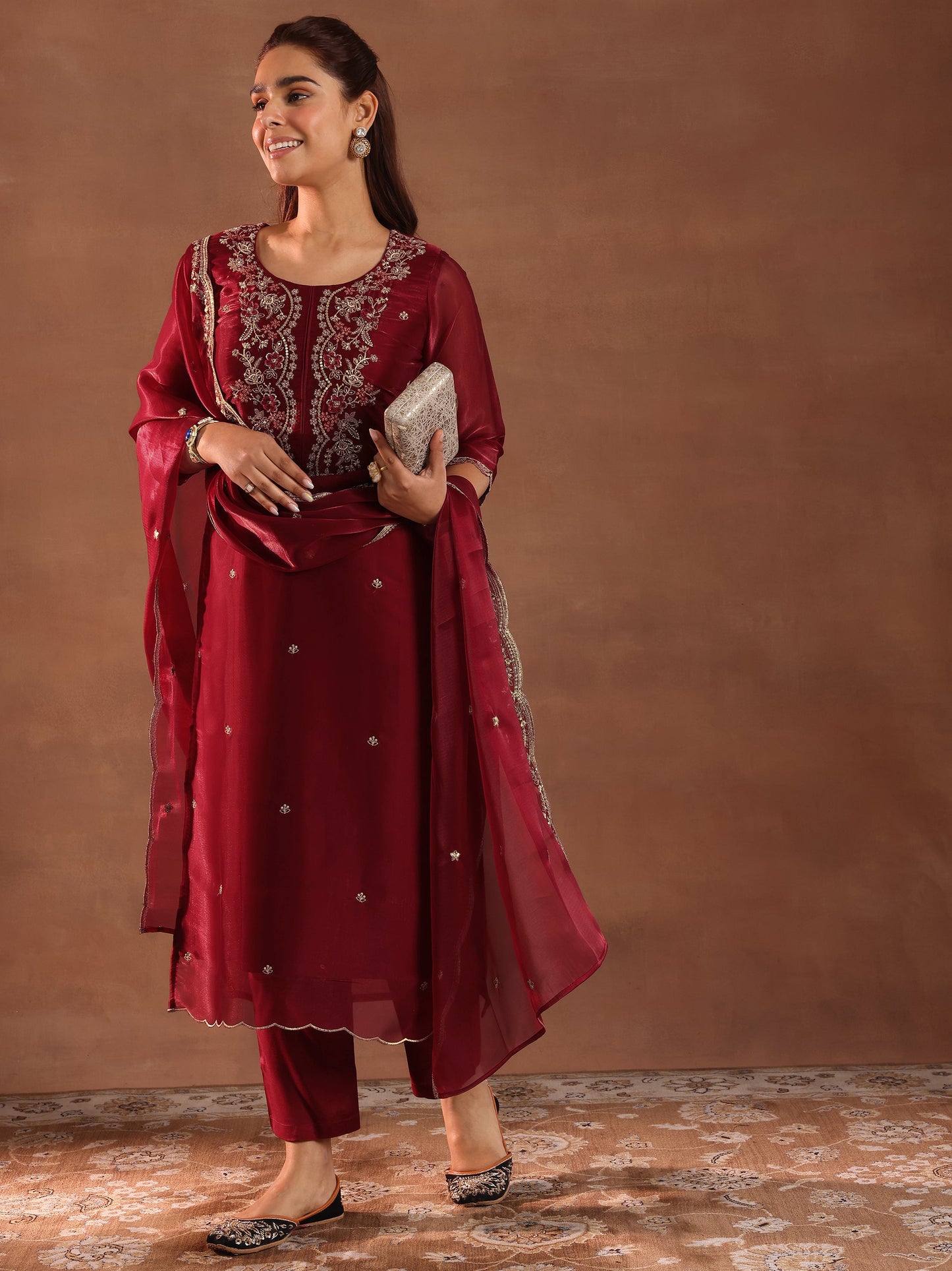 Libas Maroon Yoke Design Tissue Straight Suit With Dupatta