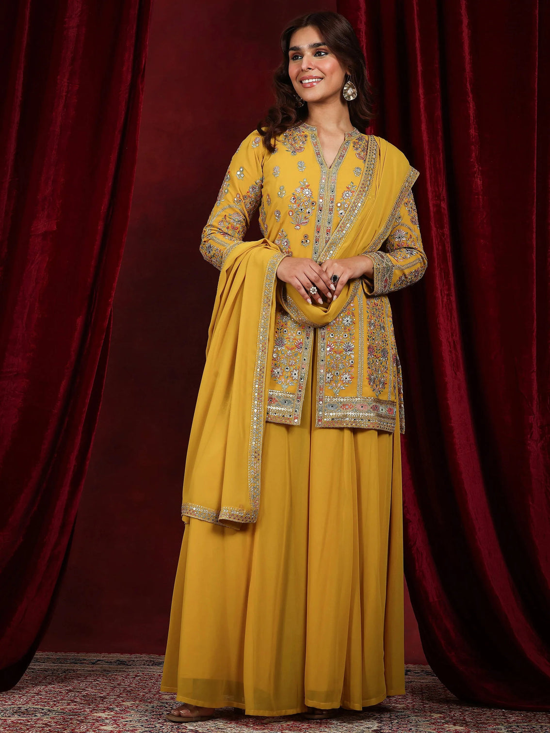 Mameraa Art Mustard Embroidered Georgette Straight Suit With Dupatta