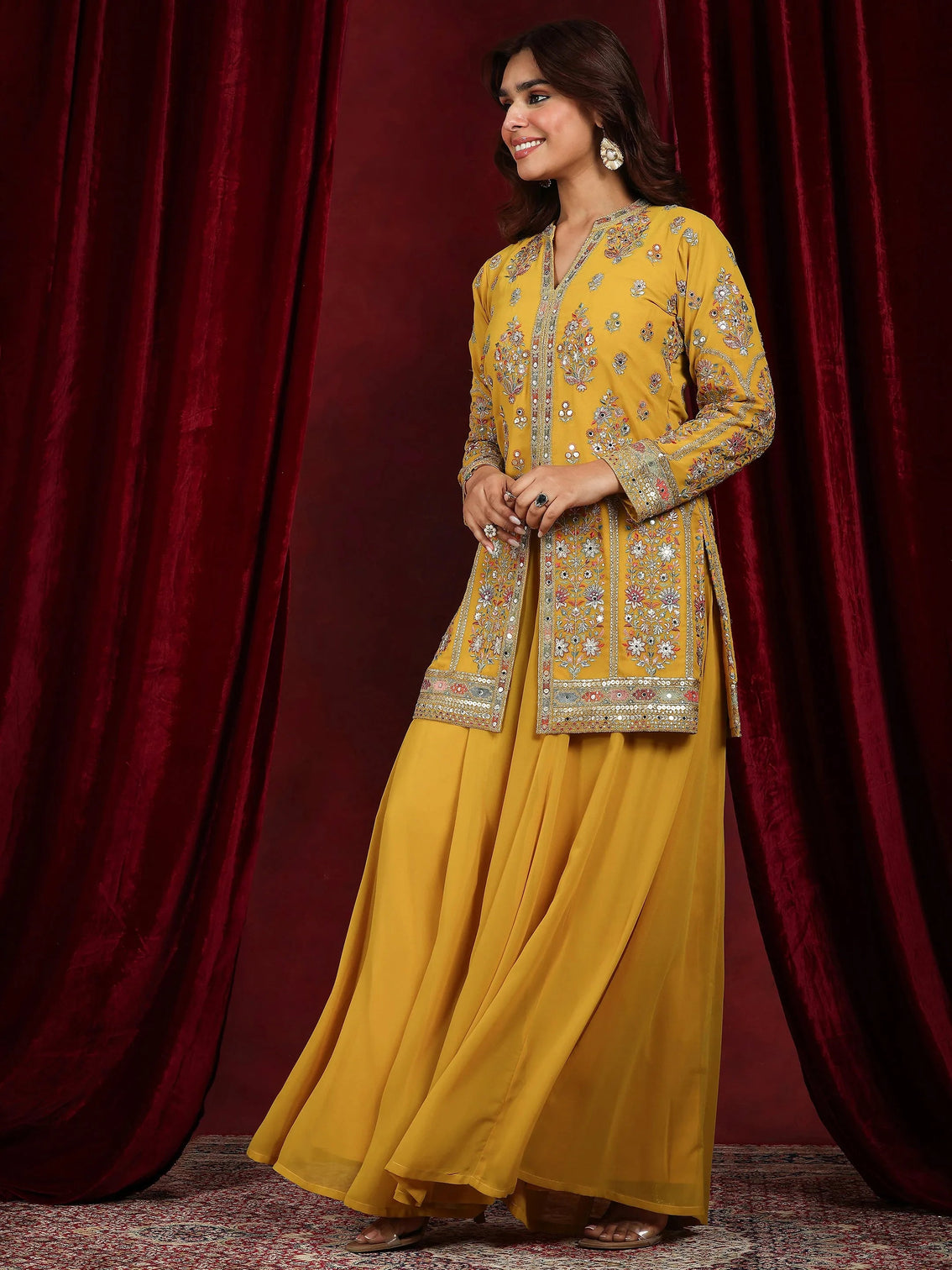 Mameraa Art Mustard Embroidered Georgette Straight Suit With Dupatta