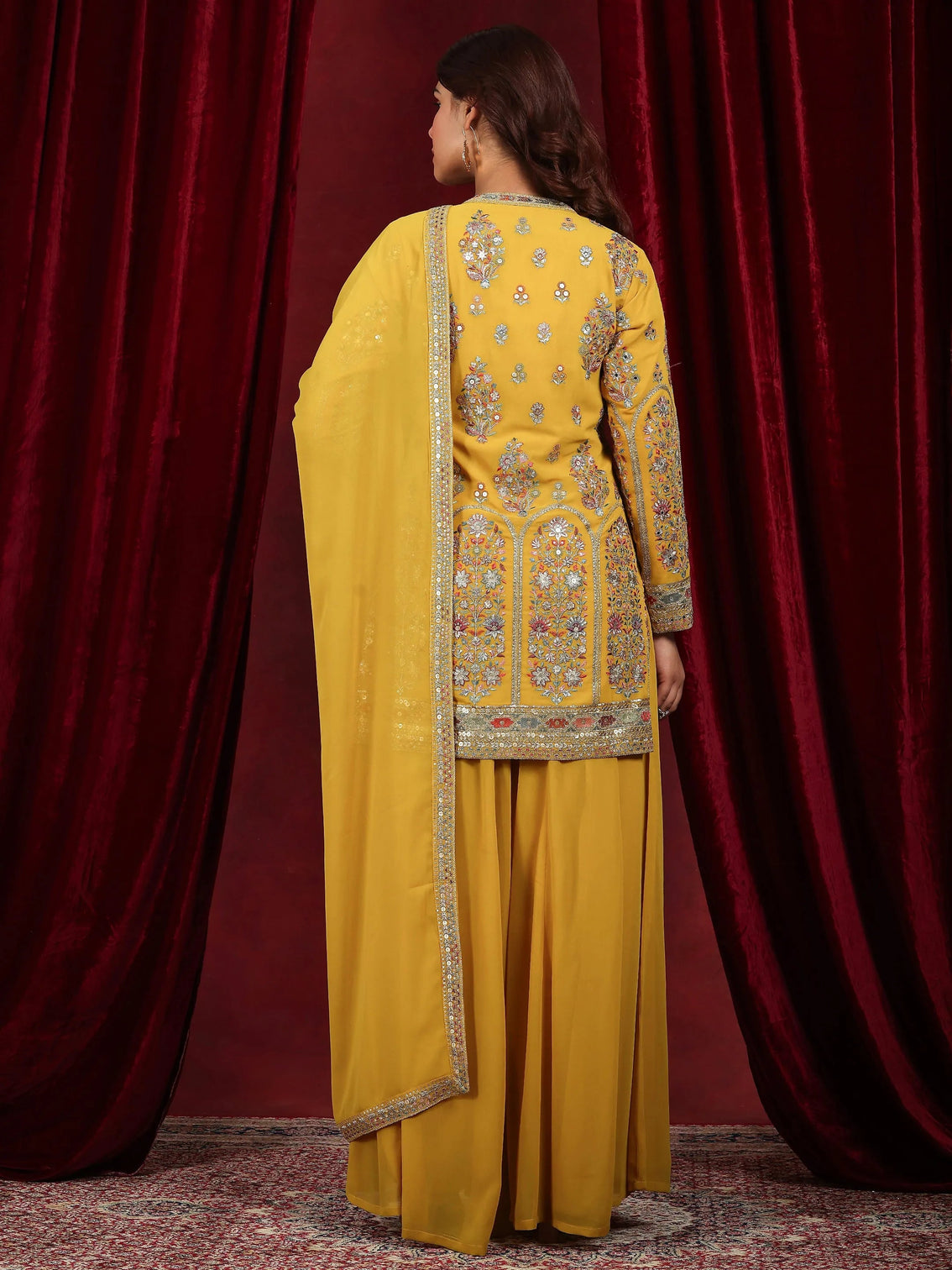 Mameraa Art Mustard Embroidered Georgette Straight Suit With Dupatta