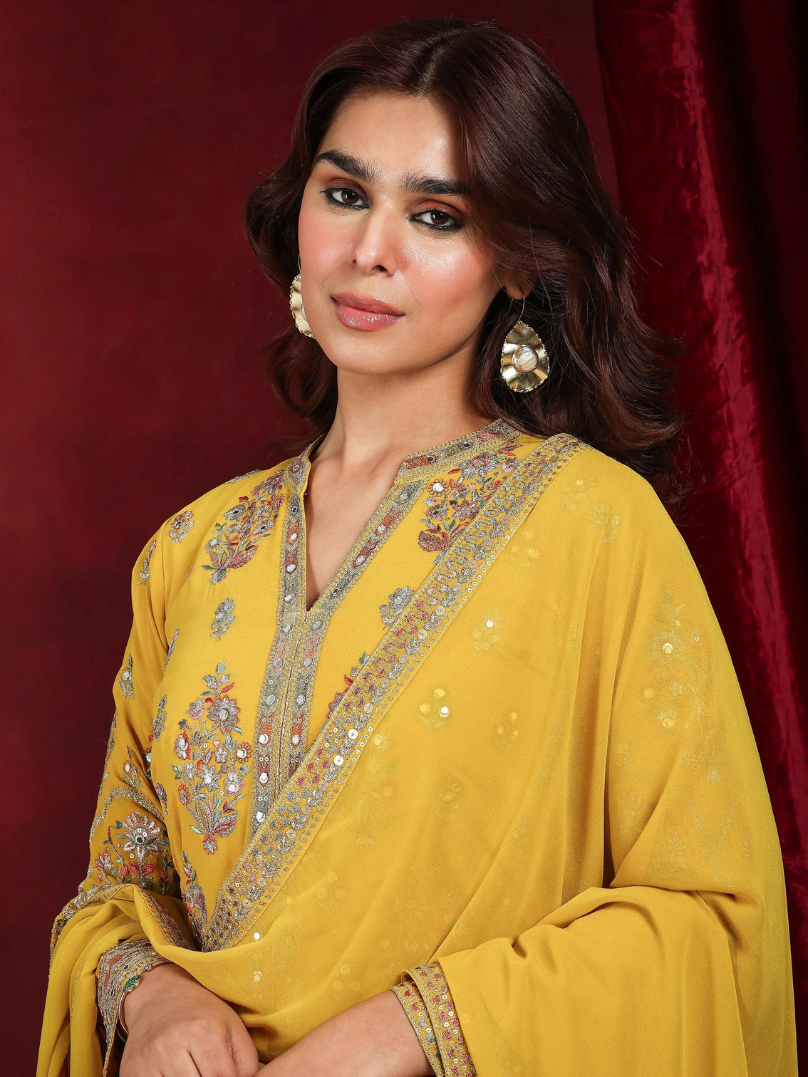 Mameraa Art Mustard Embroidered Georgette Straight Suit With Dupatta