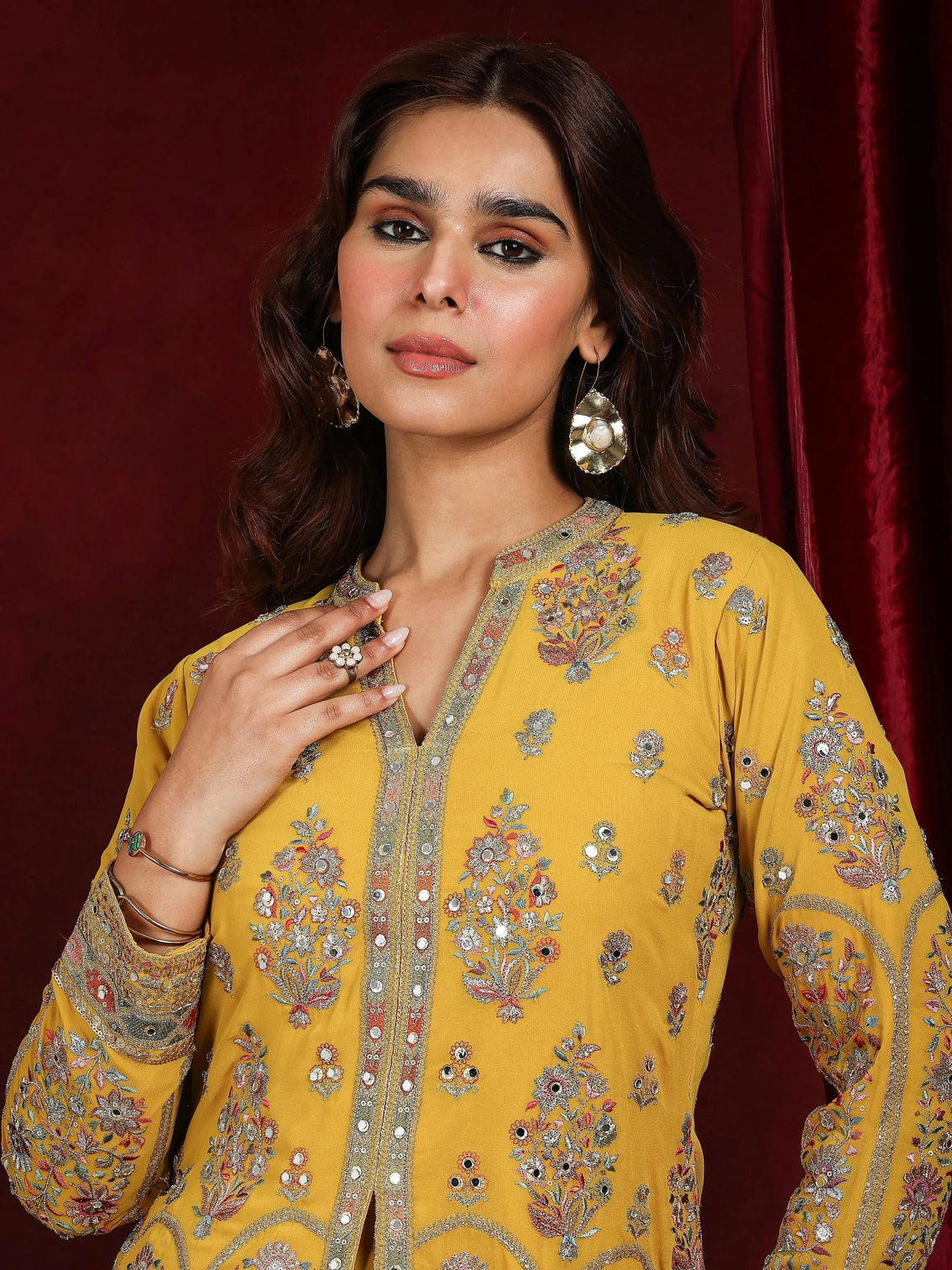 Mameraa Art Mustard Embroidered Georgette Straight Suit With Dupatta