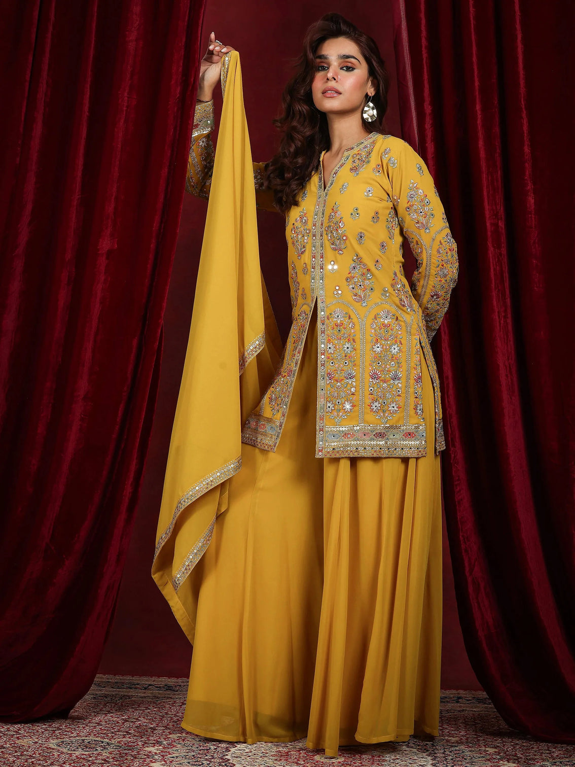 Mameraa Art Mustard Embroidered Georgette Straight Suit With Dupatta