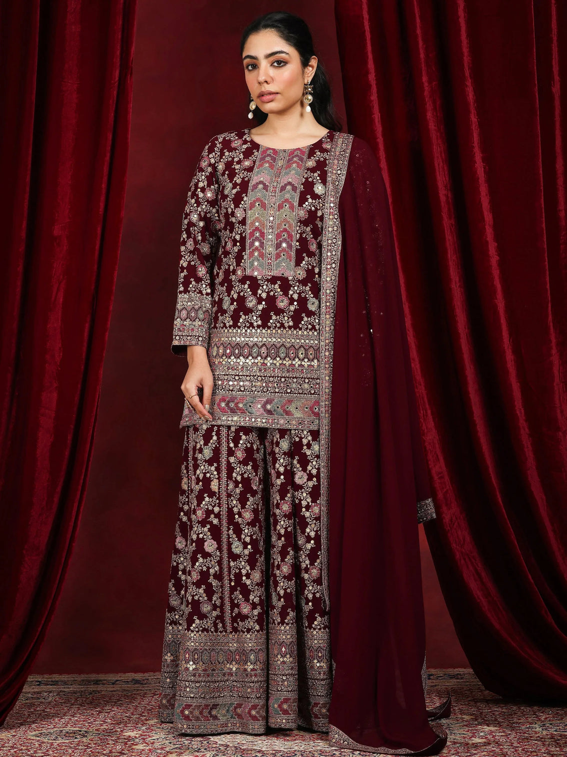 Mameraa Art Maroon Embroidered Georgette Straight Suit With Dupatta