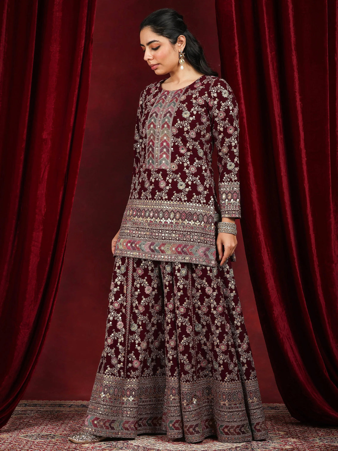Mameraa Art Maroon Embroidered Georgette Straight Suit With Dupatta