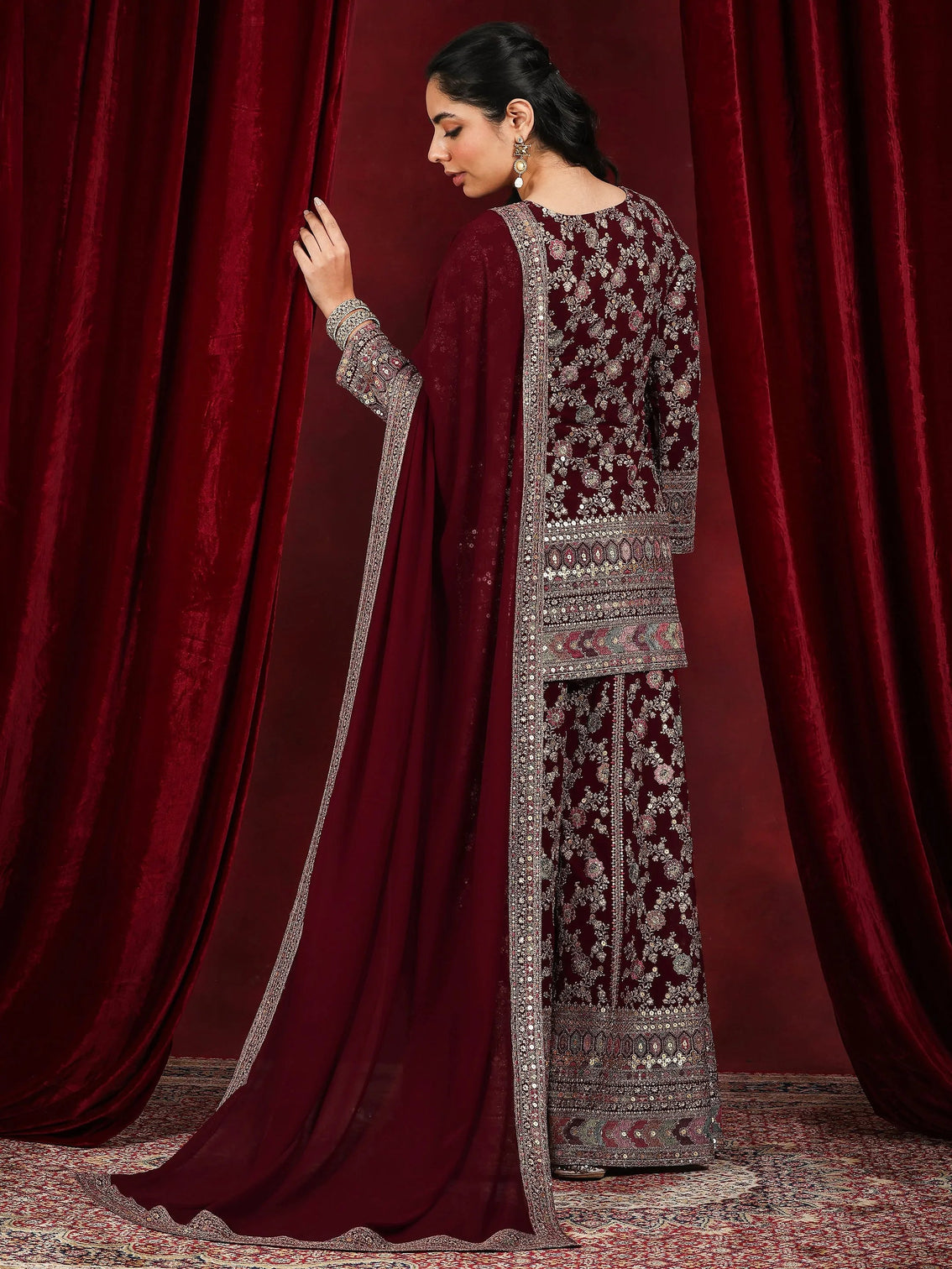 Mameraa Art Maroon Embroidered Georgette Straight Suit With Dupatta