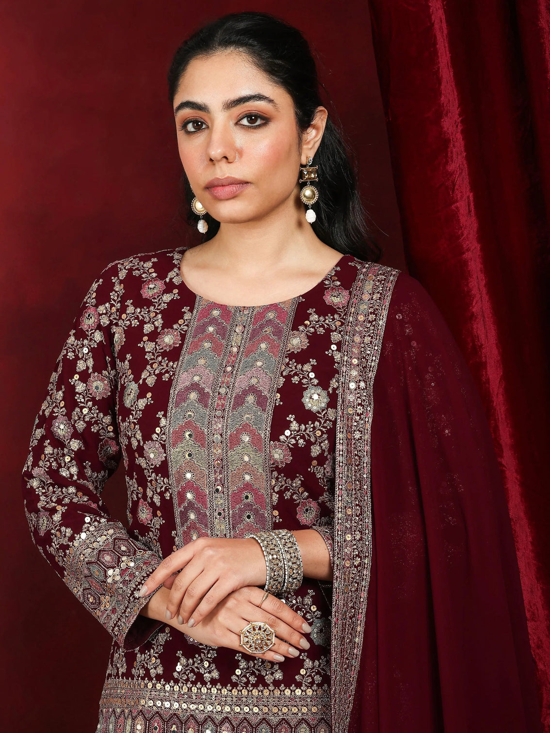 Mameraa Art Maroon Embroidered Georgette Straight Suit With Dupatta