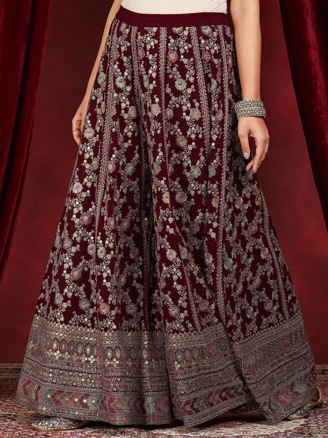 Mameraa Art Maroon Embroidered Georgette Straight Suit With Dupatta