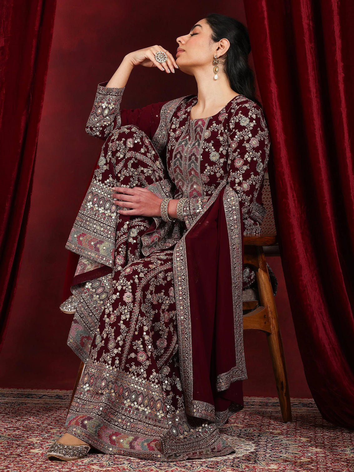 Mameraa Art Maroon Embroidered Georgette Straight Suit With Dupatta