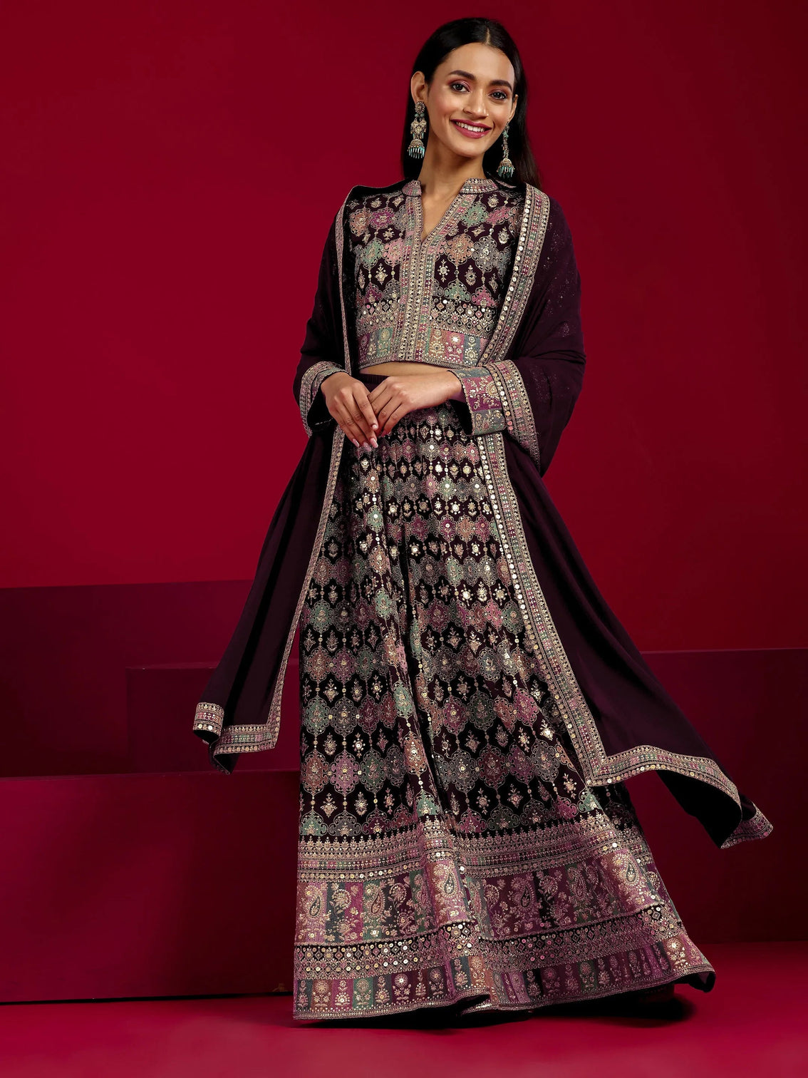 Mameraa Art Wine Embroidered Georgette 3 Piece Co-Ord Sets With Dupatta