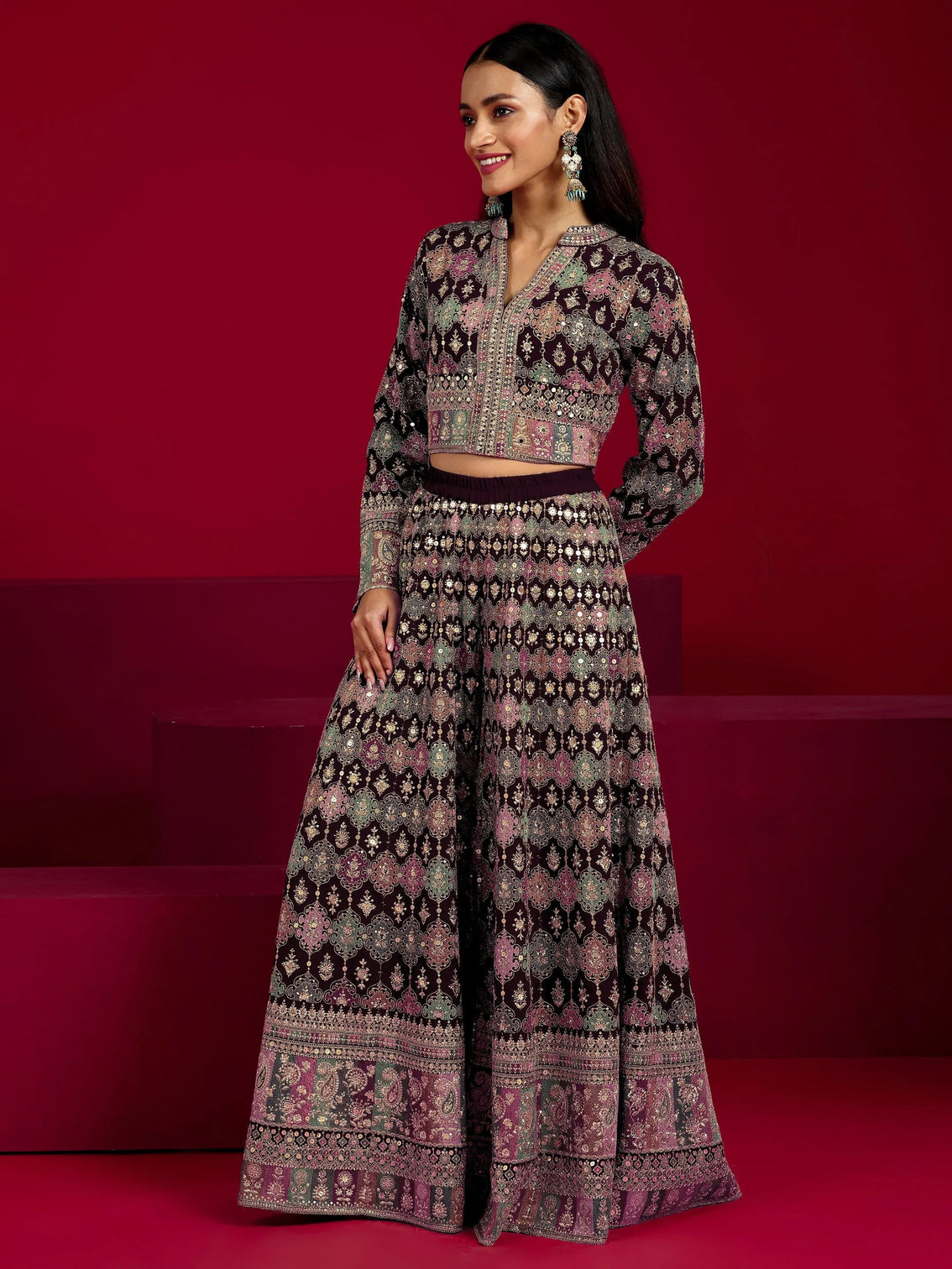 Mameraa Art Wine Embroidered Georgette 3 Piece Co-Ord Sets With Dupatta