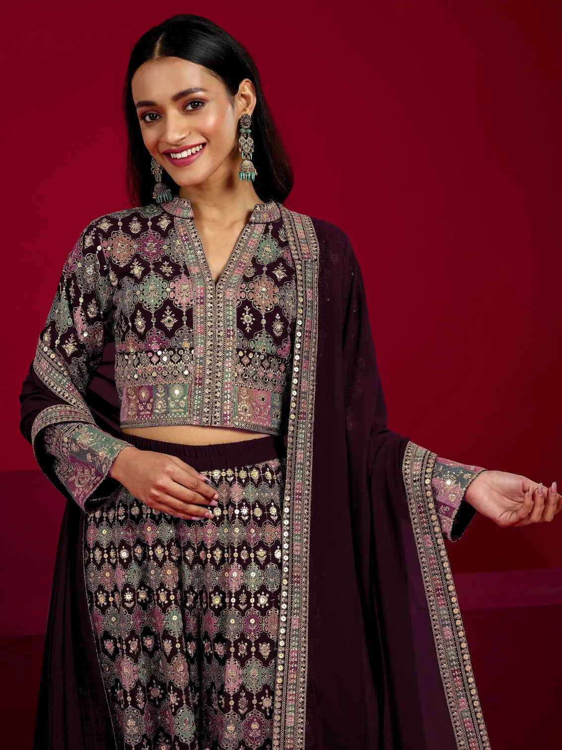 Mameraa Art Wine Embroidered Georgette 3 Piece Co-Ord Sets With Dupatta
