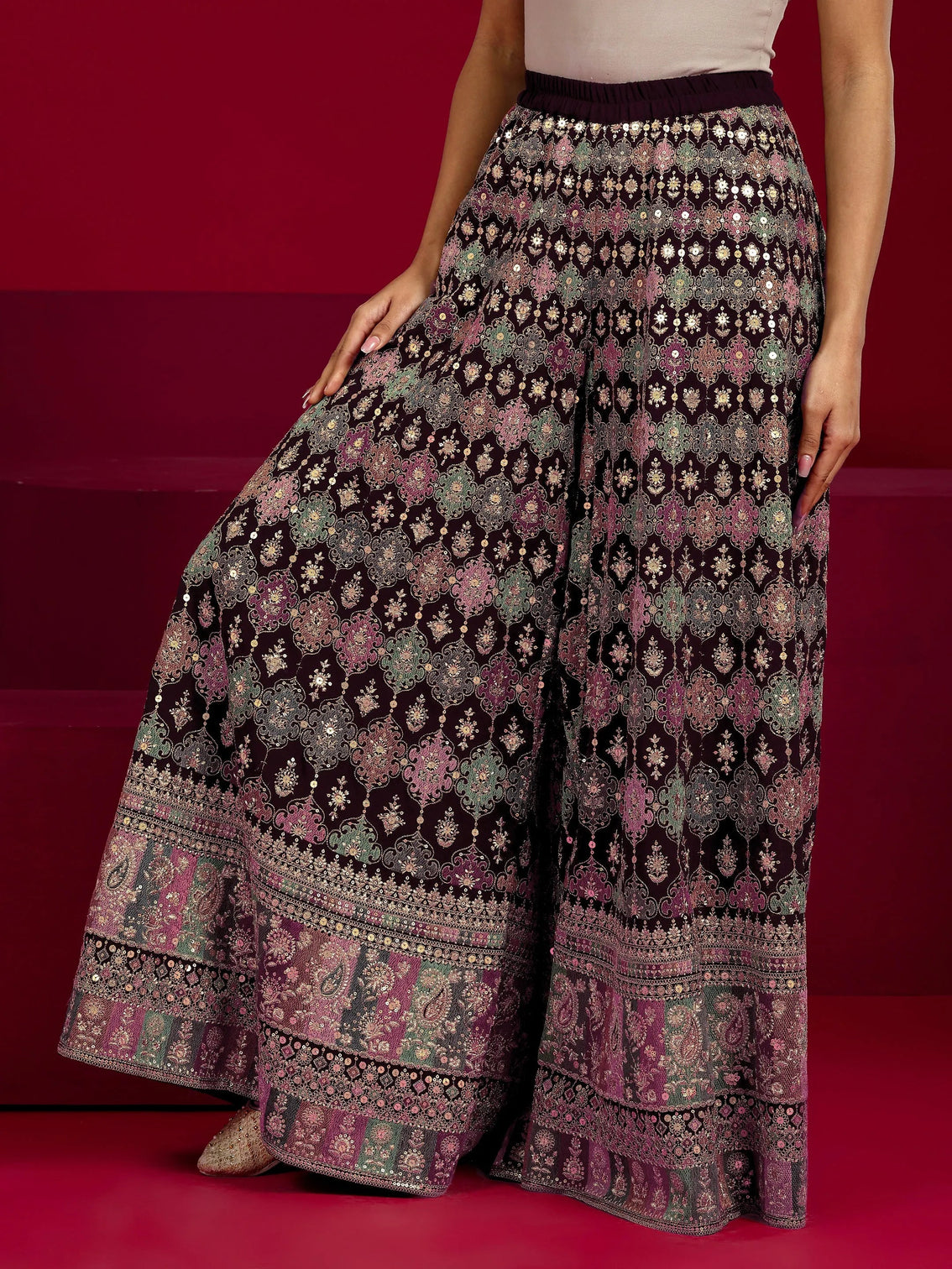 Mameraa Art Wine Embroidered Georgette 3 Piece Co-Ord Sets With Dupatta