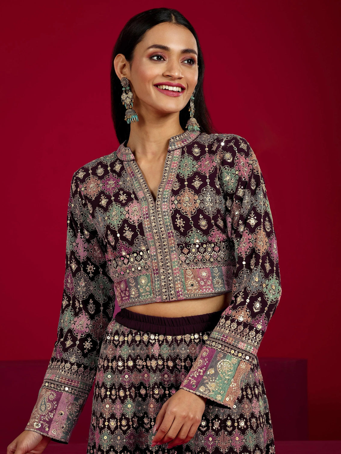 Mameraa Art Wine Embroidered Georgette 3 Piece Co-Ord Sets With Dupatta