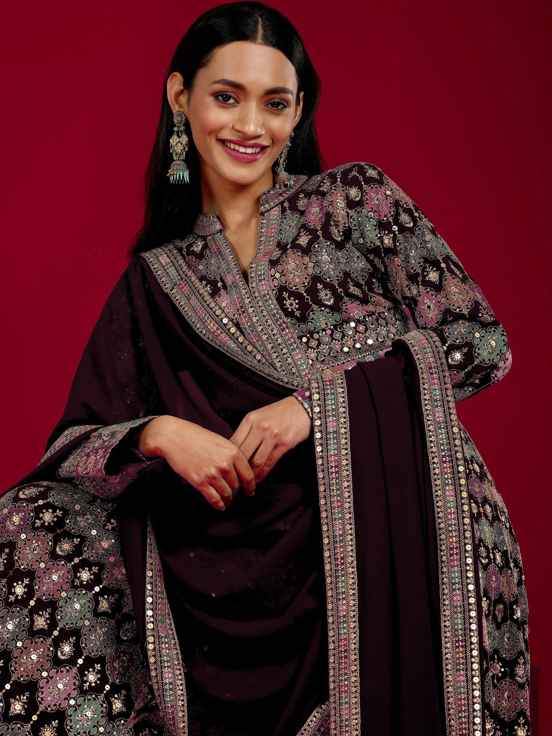 Mameraa Art Wine Embroidered Georgette 3 Piece Co-Ord Sets With Dupatta