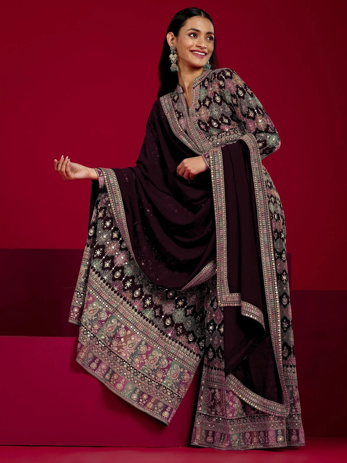 Mameraa Art Wine Embroidered Georgette 3 Piece Co-Ord Sets With Dupatta