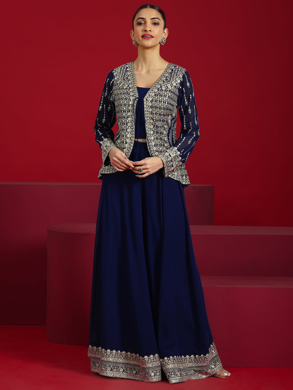 Mameraa Art Blue Embellished Georgette Co-Ord Sets