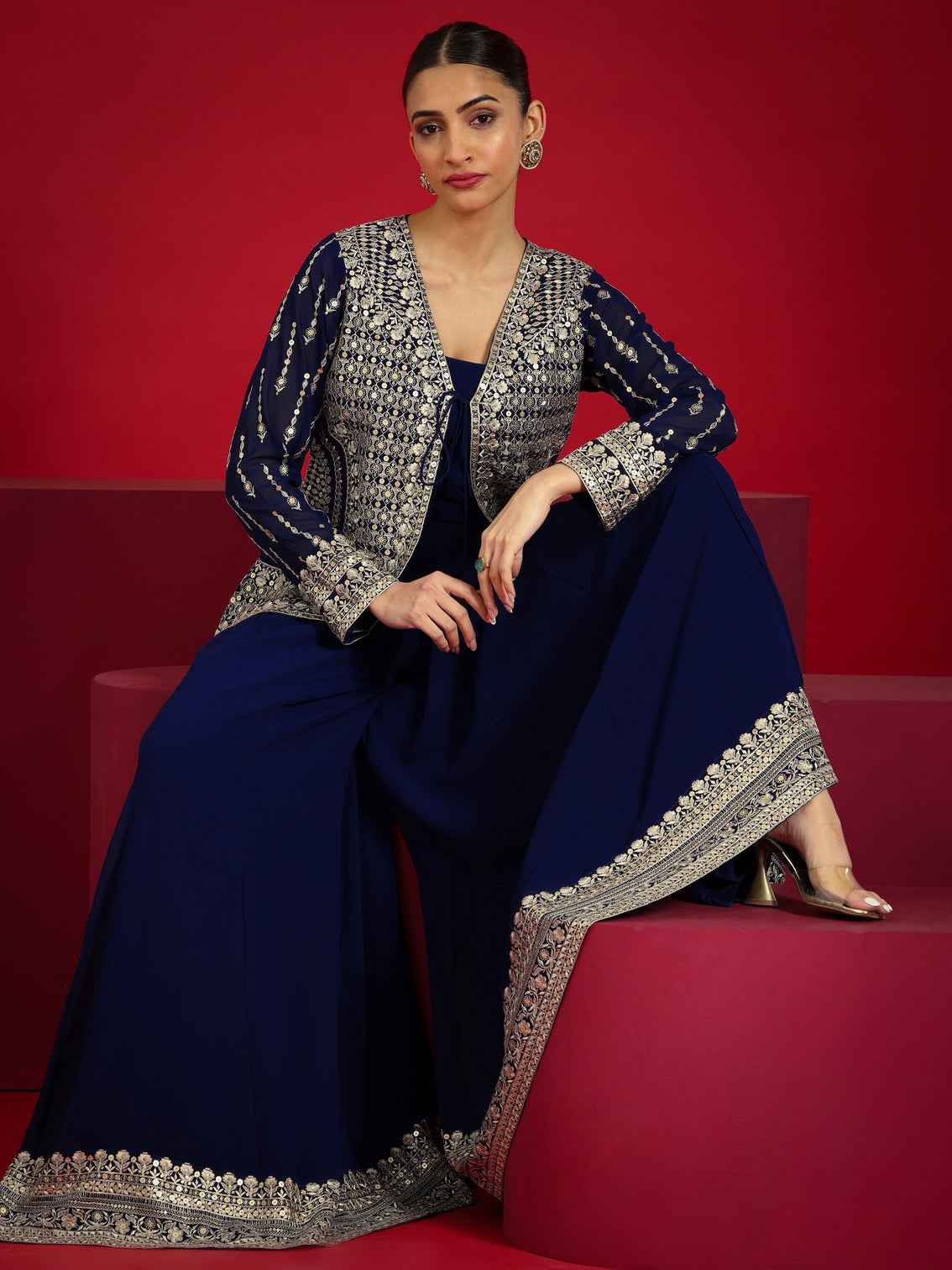 Mameraa Art Blue Embellished Georgette Co-Ord Sets