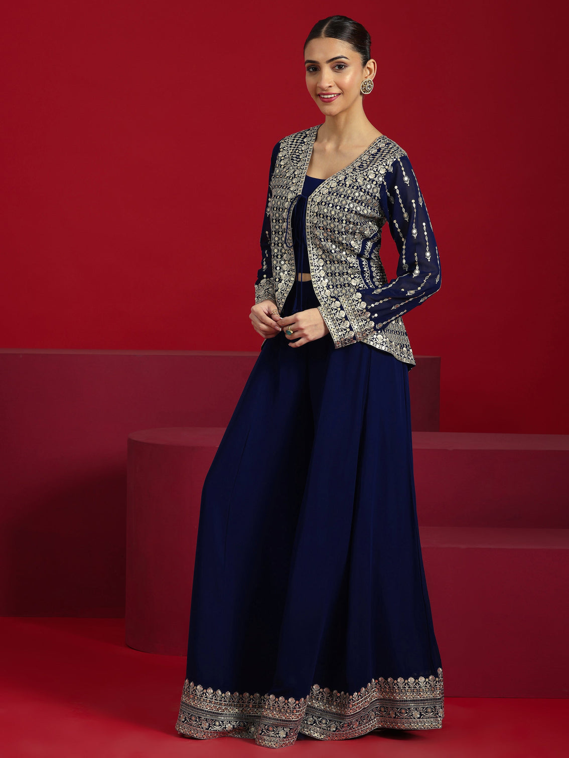 Mameraa Art Blue Embellished Georgette Co-Ord Sets