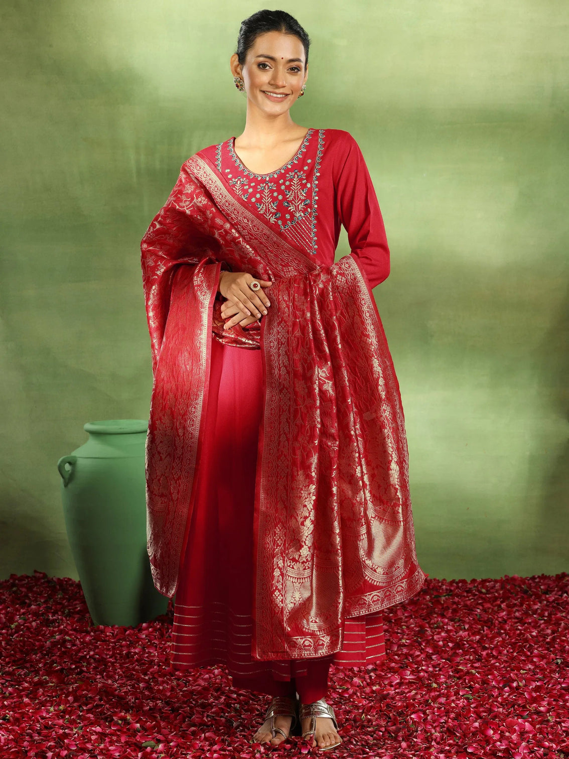 Mameraa Red Yoke Design Rayon Anarkali Suit With Dupatta