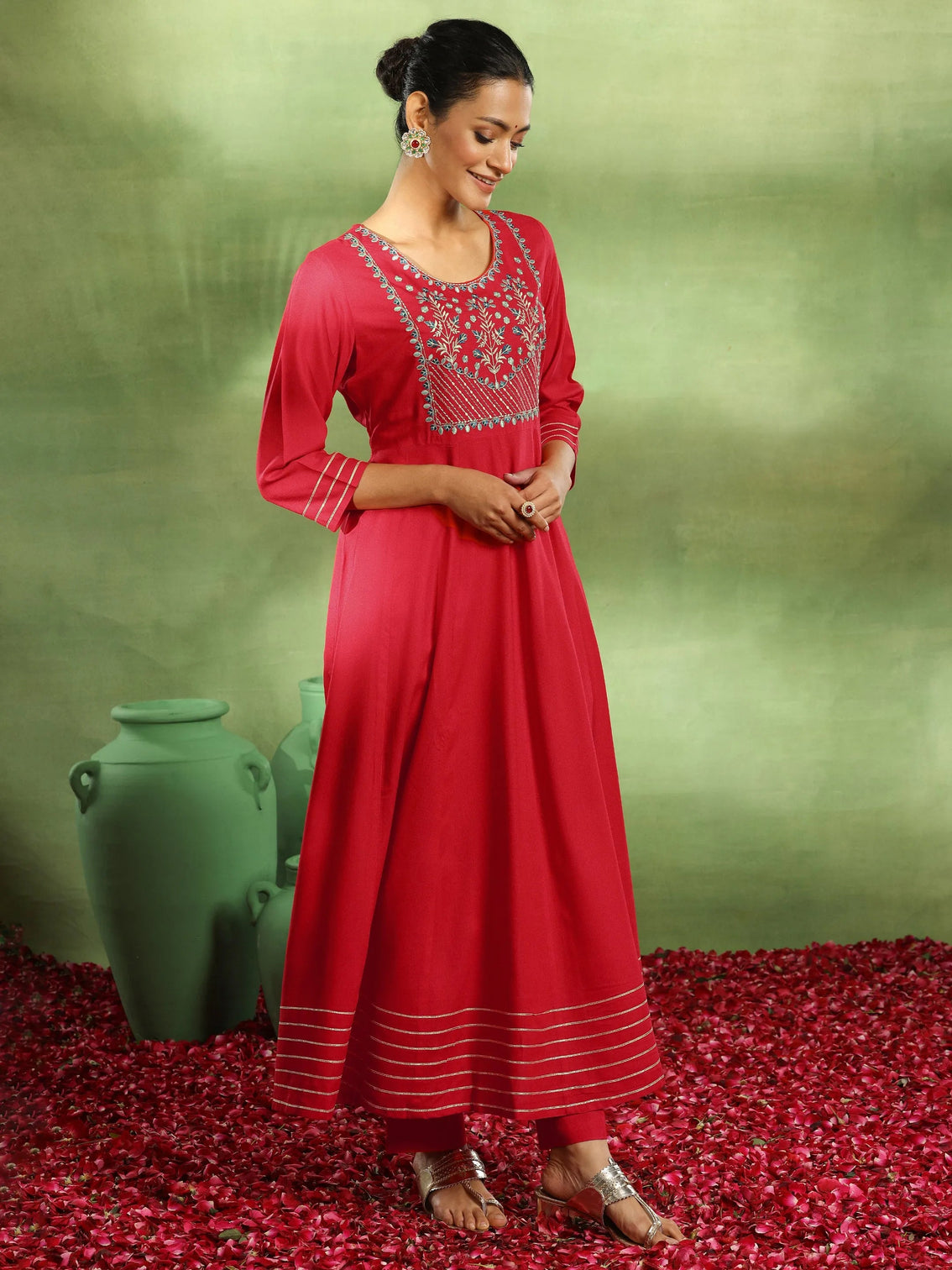 Mameraa Red Yoke Design Rayon Anarkali Suit With Dupatta