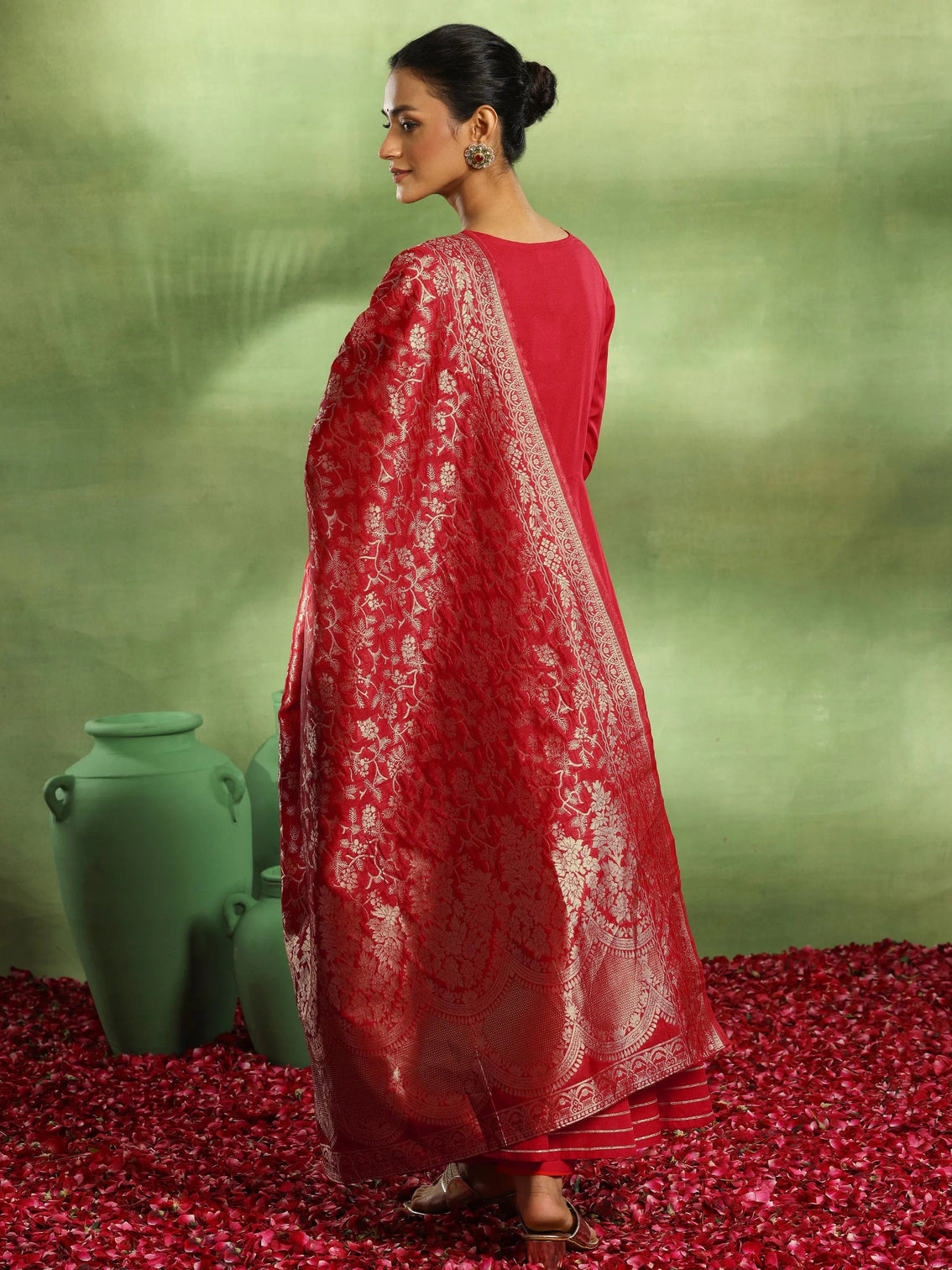 Mameraa Red Yoke Design Rayon Anarkali Suit With Dupatta