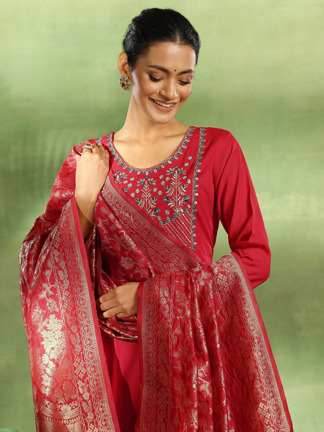 Mameraa Red Yoke Design Rayon Anarkali Suit With Dupatta