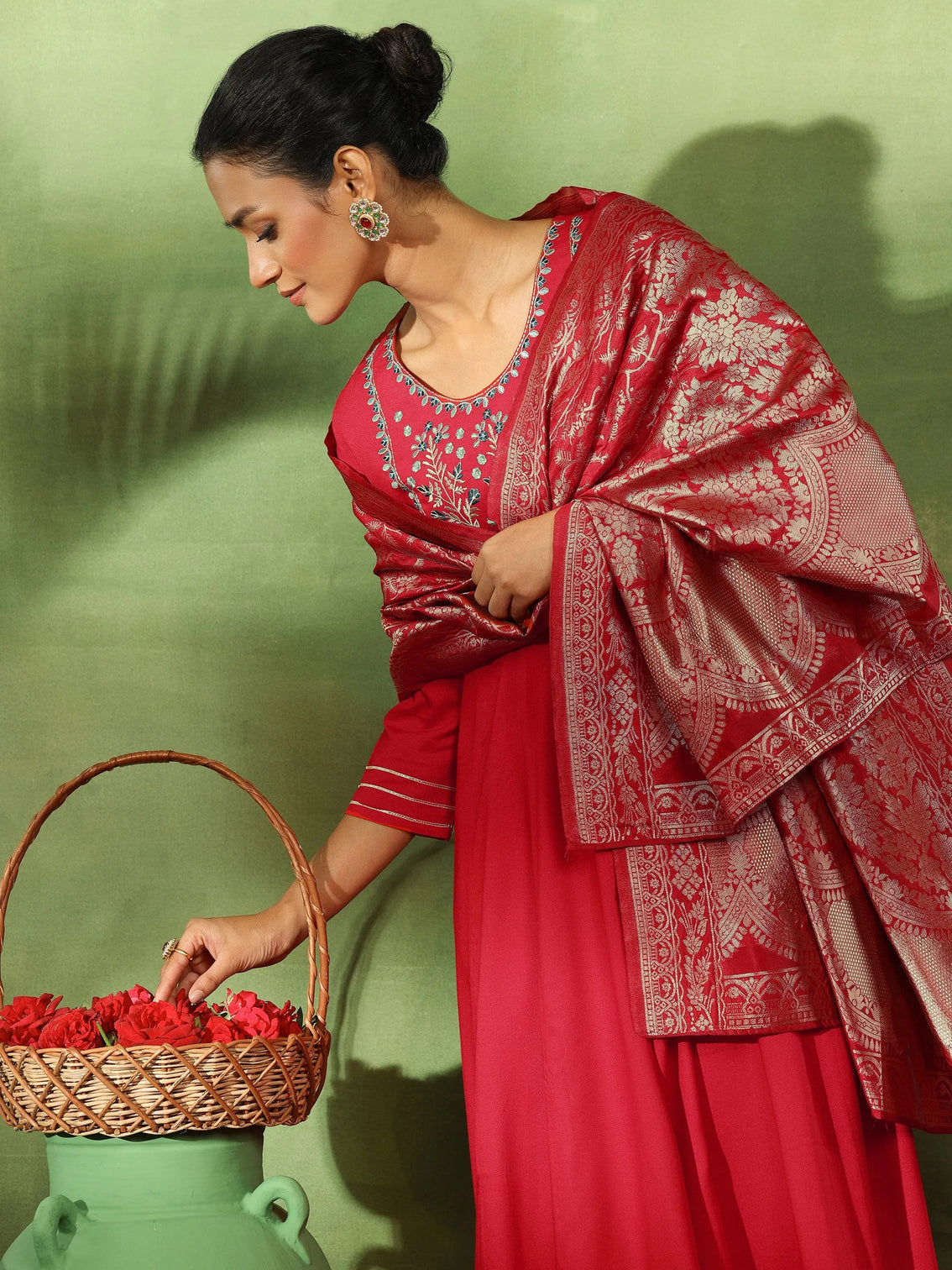 Mameraa Red Yoke Design Rayon Anarkali Suit With Dupatta