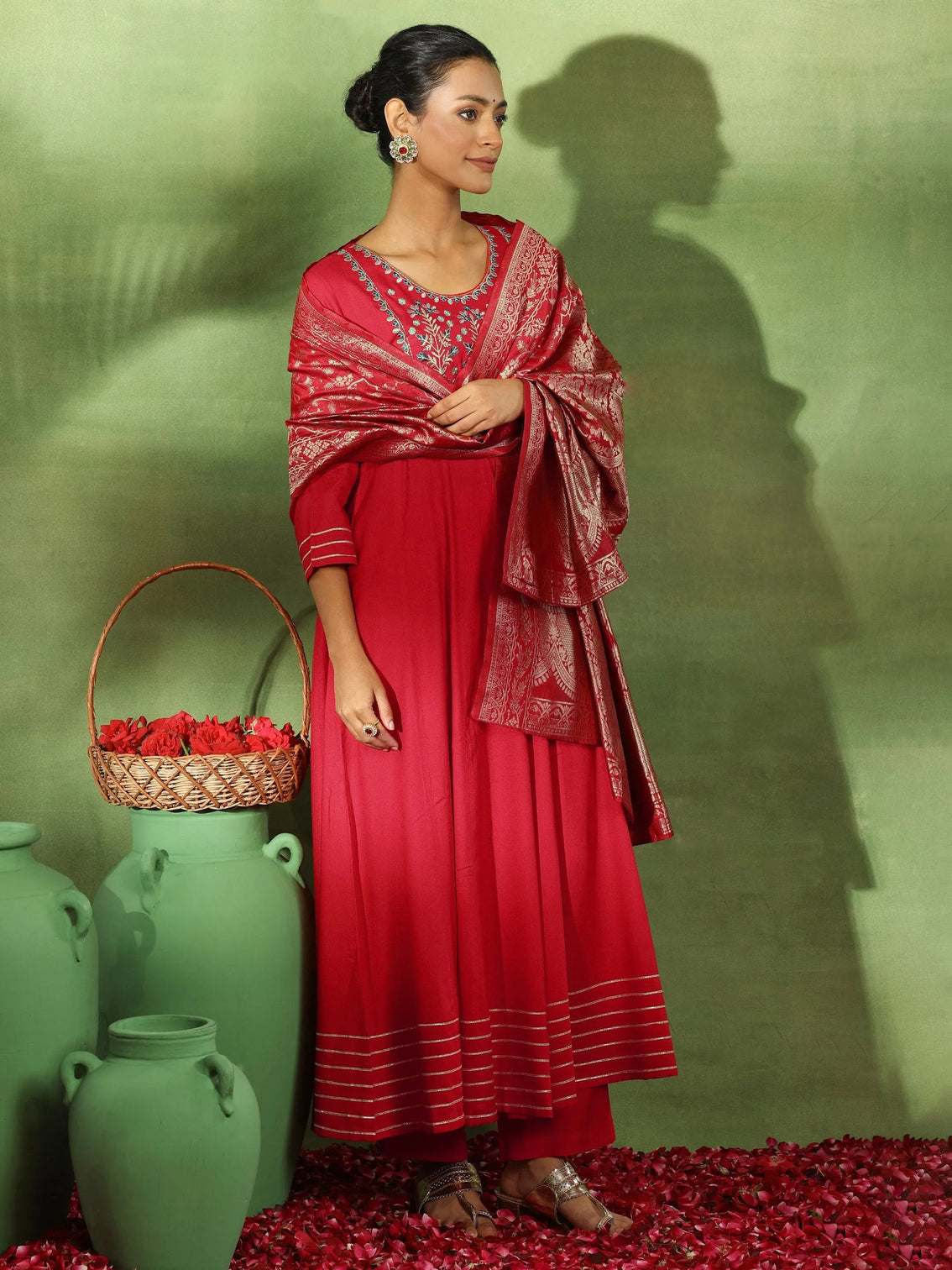 Mameraa Red Yoke Design Rayon Anarkali Suit With Dupatta