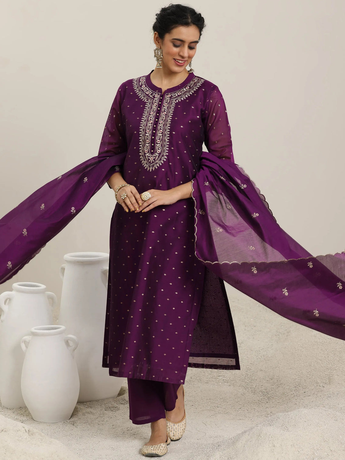 Mameraa Wine Woven Design Chanderi Silk Straight Suit With Dupatta