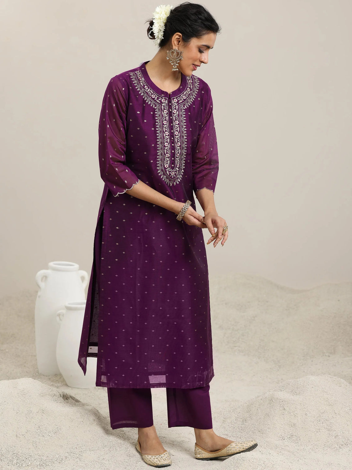 Mameraa Wine Woven Design Chanderi Silk Straight Suit With Dupatta