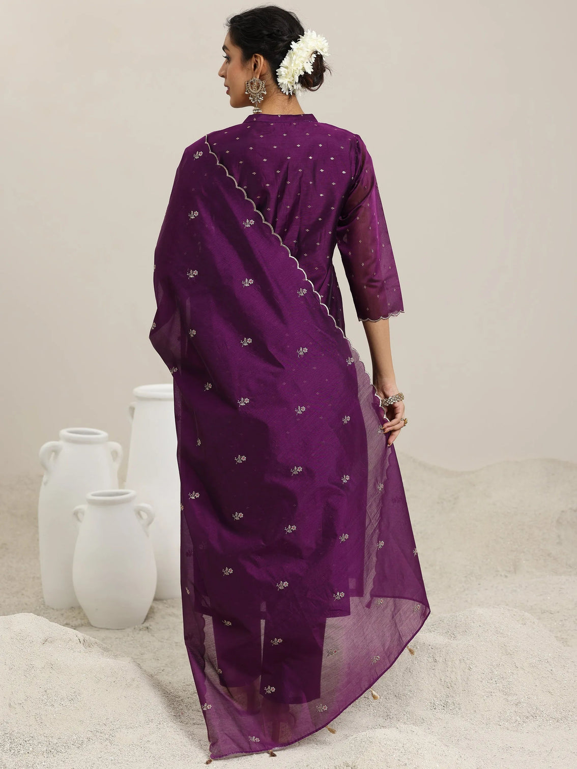 Mameraa Wine Woven Design Chanderi Silk Straight Suit With Dupatta