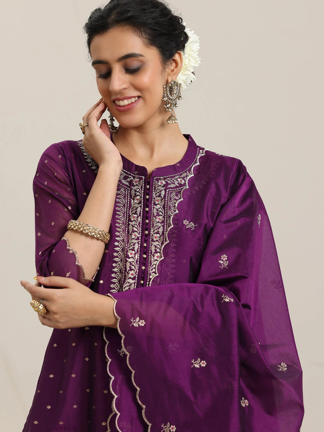 Mameraa Wine Woven Design Chanderi Silk Straight Suit With Dupatta