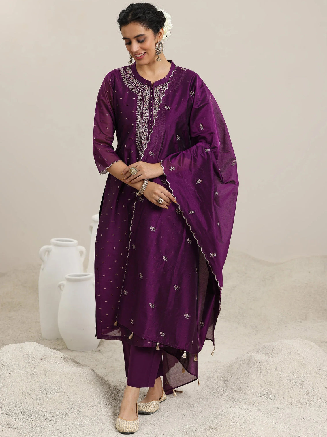 Mameraa Wine Woven Design Chanderi Silk Straight Suit With Dupatta