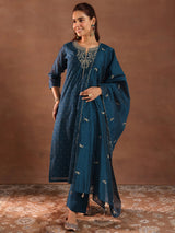 Libas Teal Woven Design Chanderi Silk Straight Suit With Dupatta