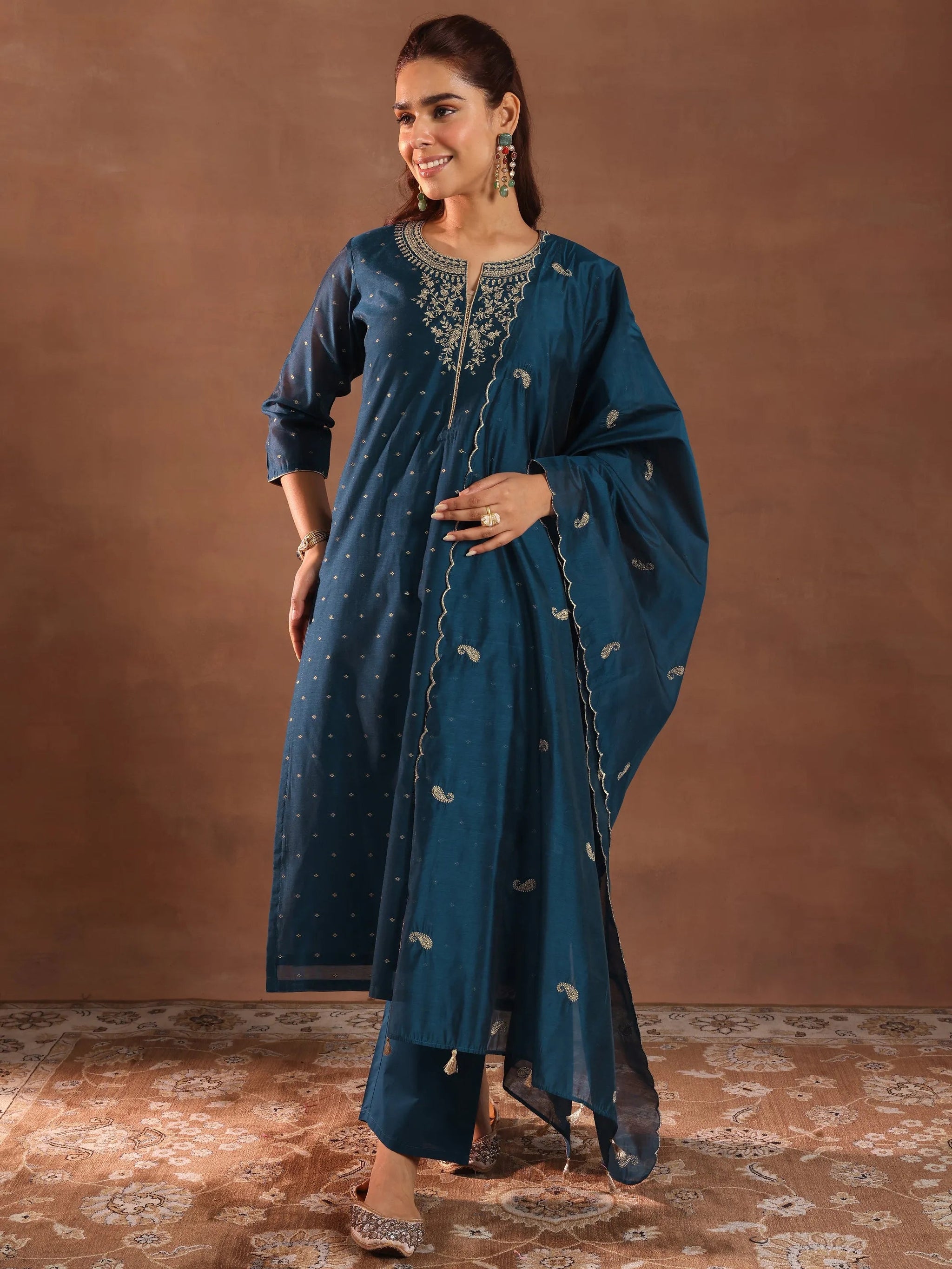 Libas Teal Woven Design Chanderi Silk Straight Suit With Dupatta