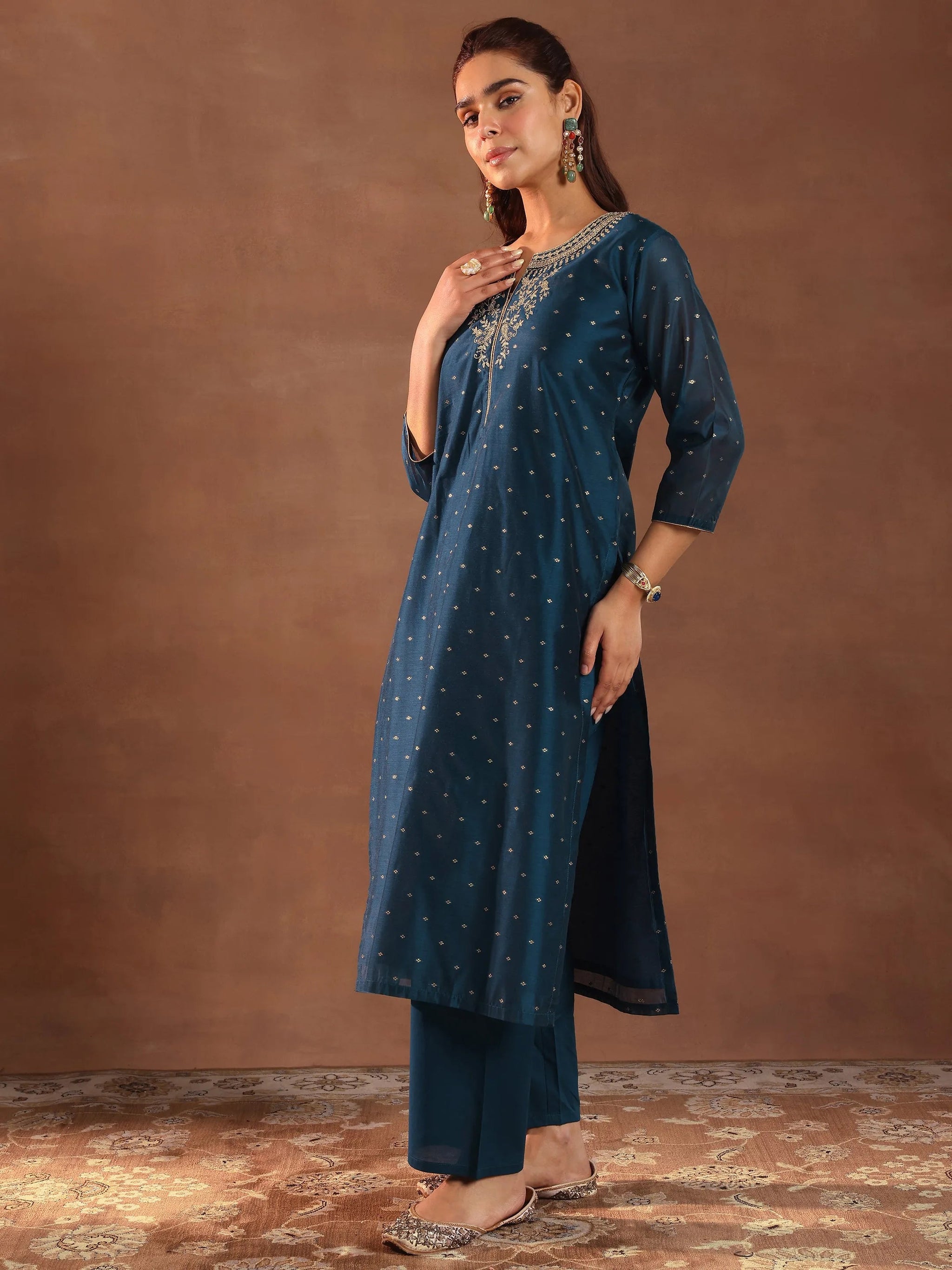 Libas Teal Woven Design Chanderi Silk Straight Suit With Dupatta