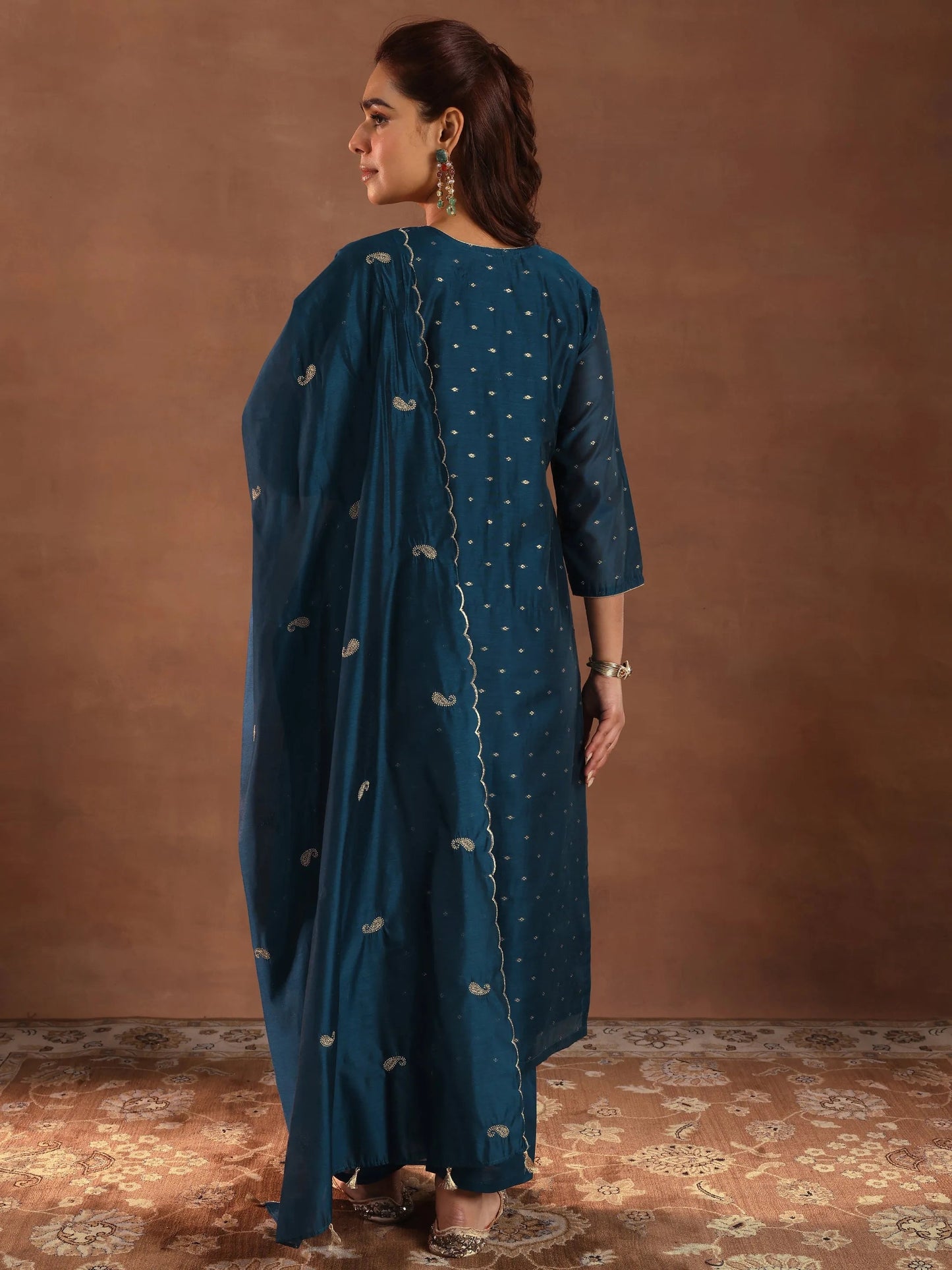 Libas Teal Woven Design Chanderi Silk Straight Suit With Dupatta