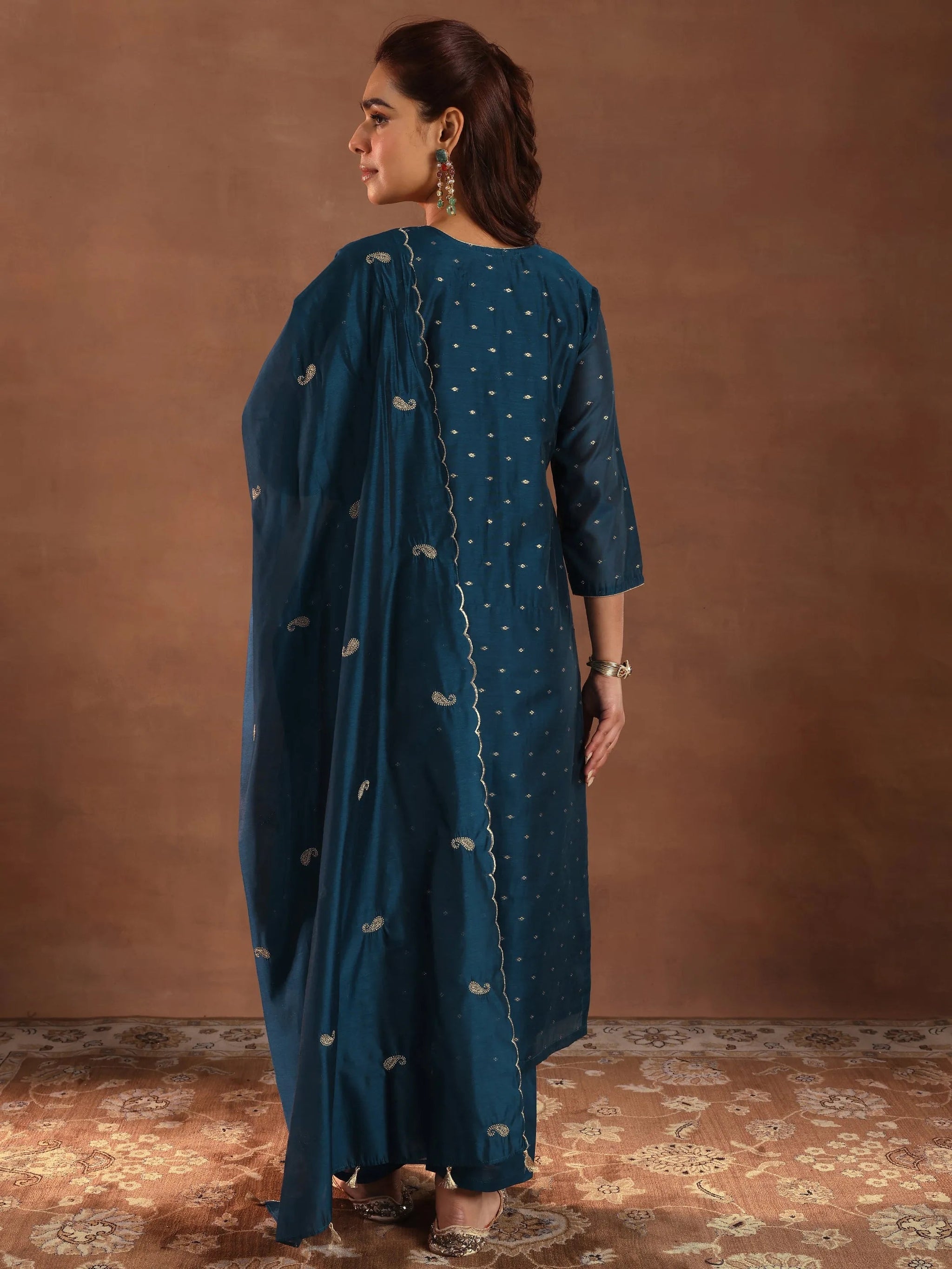 Libas Teal Woven Design Chanderi Silk Straight Suit With Dupatta