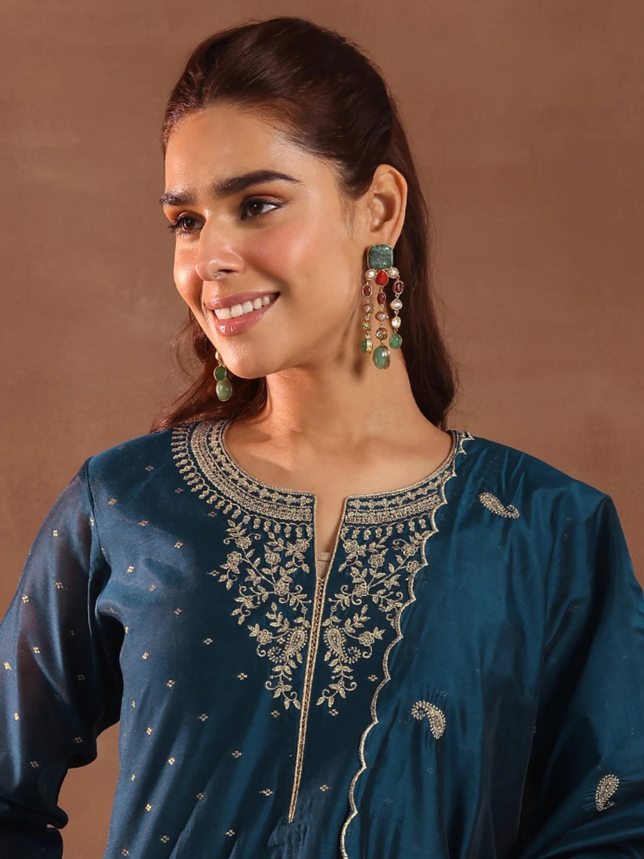 Libas Teal Woven Design Chanderi Silk Straight Suit With Dupatta